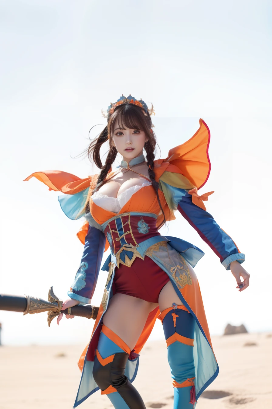 Young woman in fantasy costume、large full breasts、beautiful foot、Colorful hair、、Good Style、Light blue and orange tops、Light blue knee socks、Long red and orange jacket、