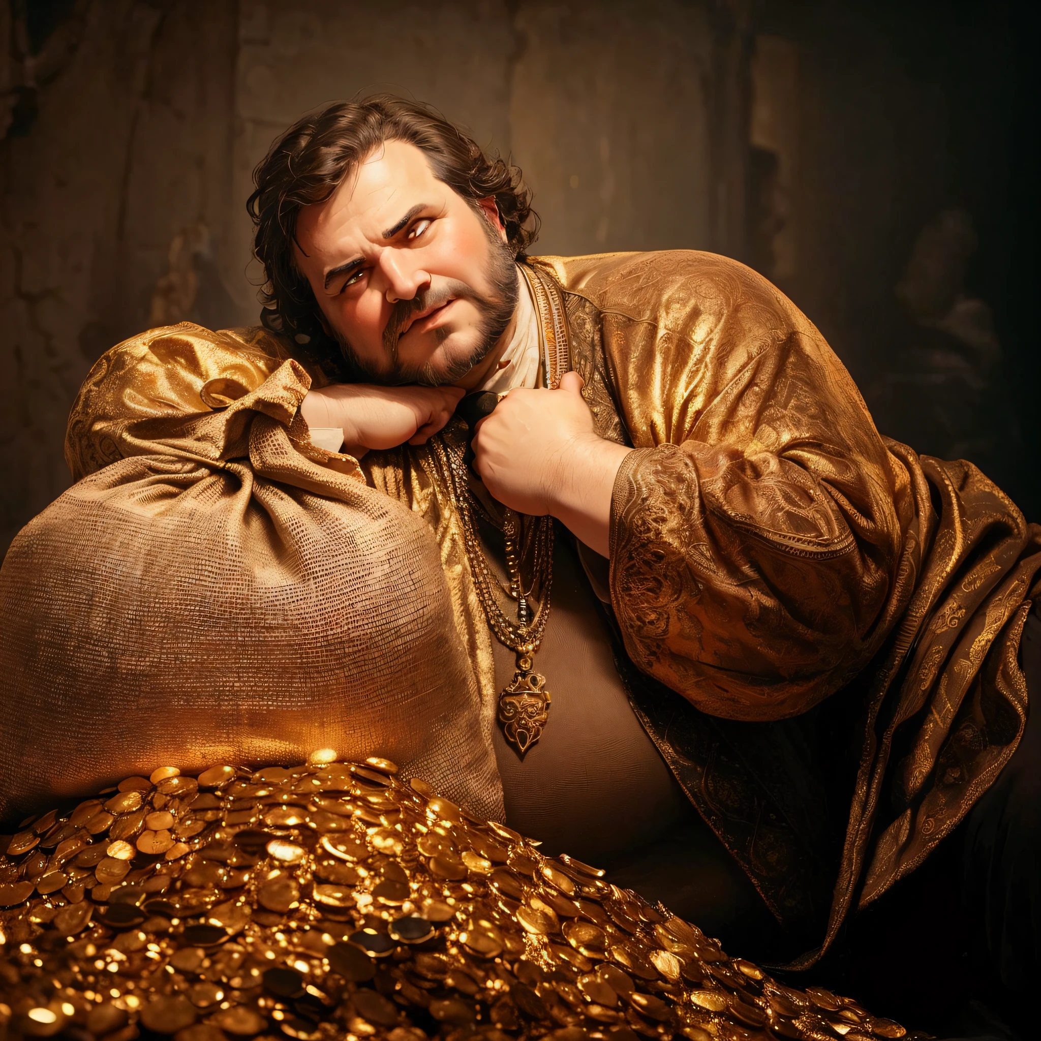 A greedy fat merchant of late antique Rome in expensive clothes stares restlessly at a huge bag of gold