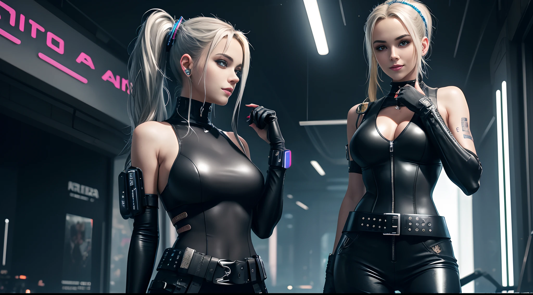 Lolita, smiling, 20 years old, ((best quality)), ((masterpiece)), (high definition:1.3), 3D, beautiful (cyberpunk:1.3), stylish woman looking at camera black leather clothes, sleeveless, embarrassed, waist skin invisible, blue-black leather pants, silver zipper,belt below the waist,super fine illustration,blond hair , showing forehead, silver center zipper, leather blue black bodysuit, sleevelesblue blacks, shiny, blonde ponytail