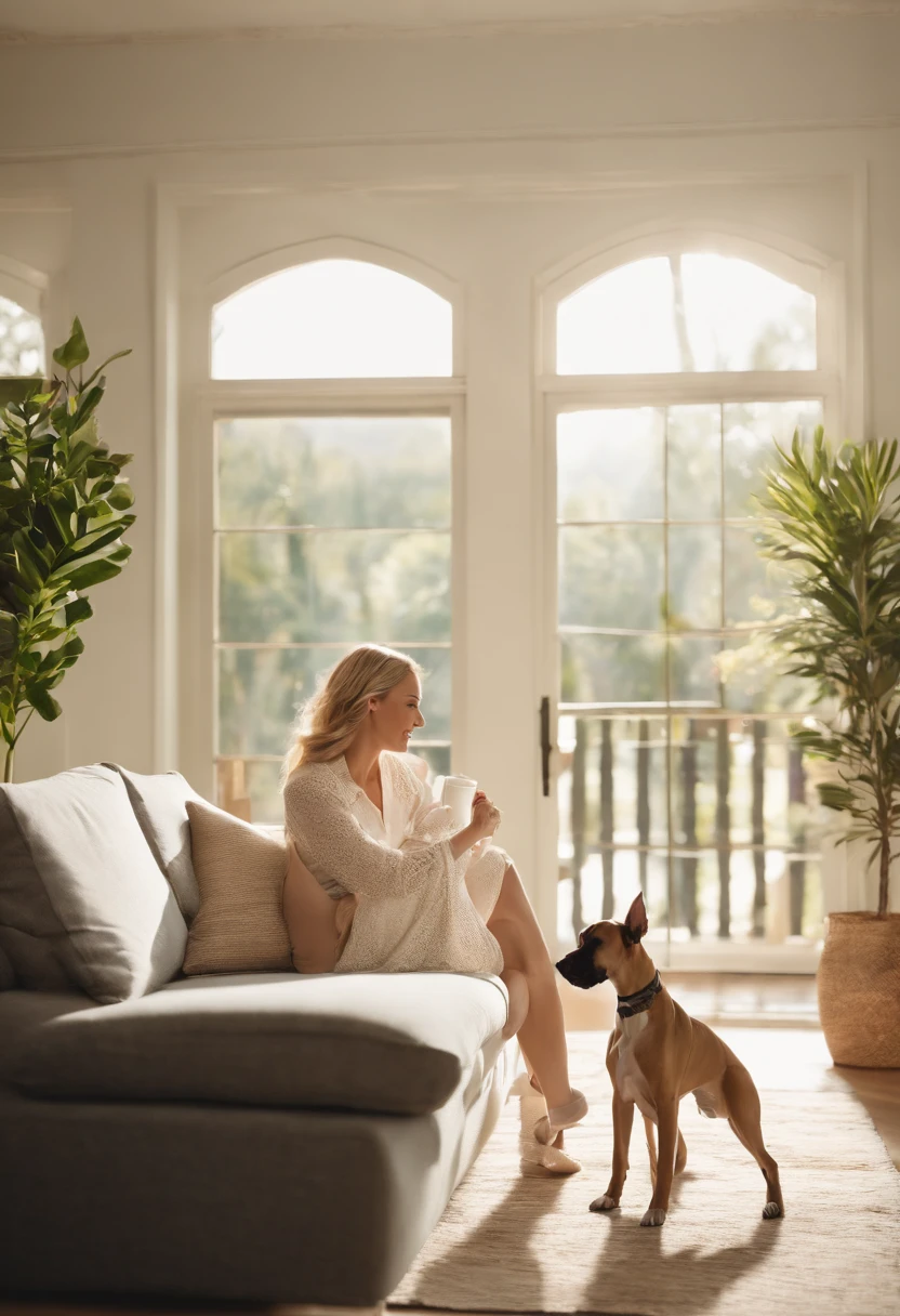 "In this high-resolution image, we see a blonde woman, dressed in shorts and a blouse, comfortably seated on the living room sofa. She appears relaxed, enjoying a hot day. By her side is her loyal companion, a Great Dane dog. The woman wears a gentle smile as she softly strokes the dog's fur, who also seems content and at ease. The surrounding environment is bright and airy, with light and cozy tones, reflecting a sense of tranquility. The decor suggests a modern and laid-back style. This image aims to evoke a pleasant feeling of lightness, well-being, and emotional connection between the woman and her adorable dog."