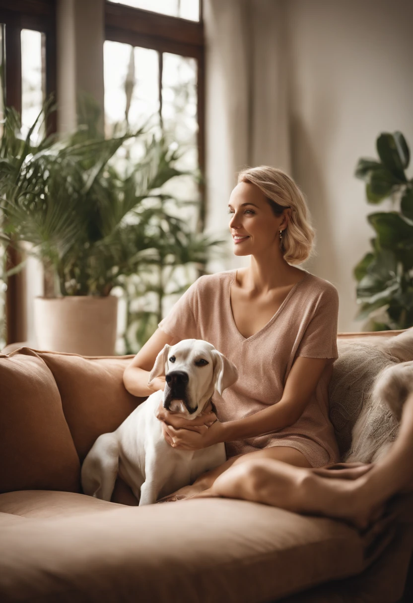 "In this high-resolution image, we see a blonde woman, dressed in shorts and a blouse, comfortably seated on the living room sofa. She appears relaxed, enjoying a hot day. By her side is her loyal companion, a Great Dane dog. The woman wears a gentle smile as she softly strokes the dog's fur, who also seems content and at ease. The surrounding environment is bright and airy, with light and cozy tones, reflecting a sense of tranquility. The decor suggests a modern and laid-back style. This image aims to evoke a pleasant feeling of lightness, well-being, and emotional connection between the woman and her adorable dog."