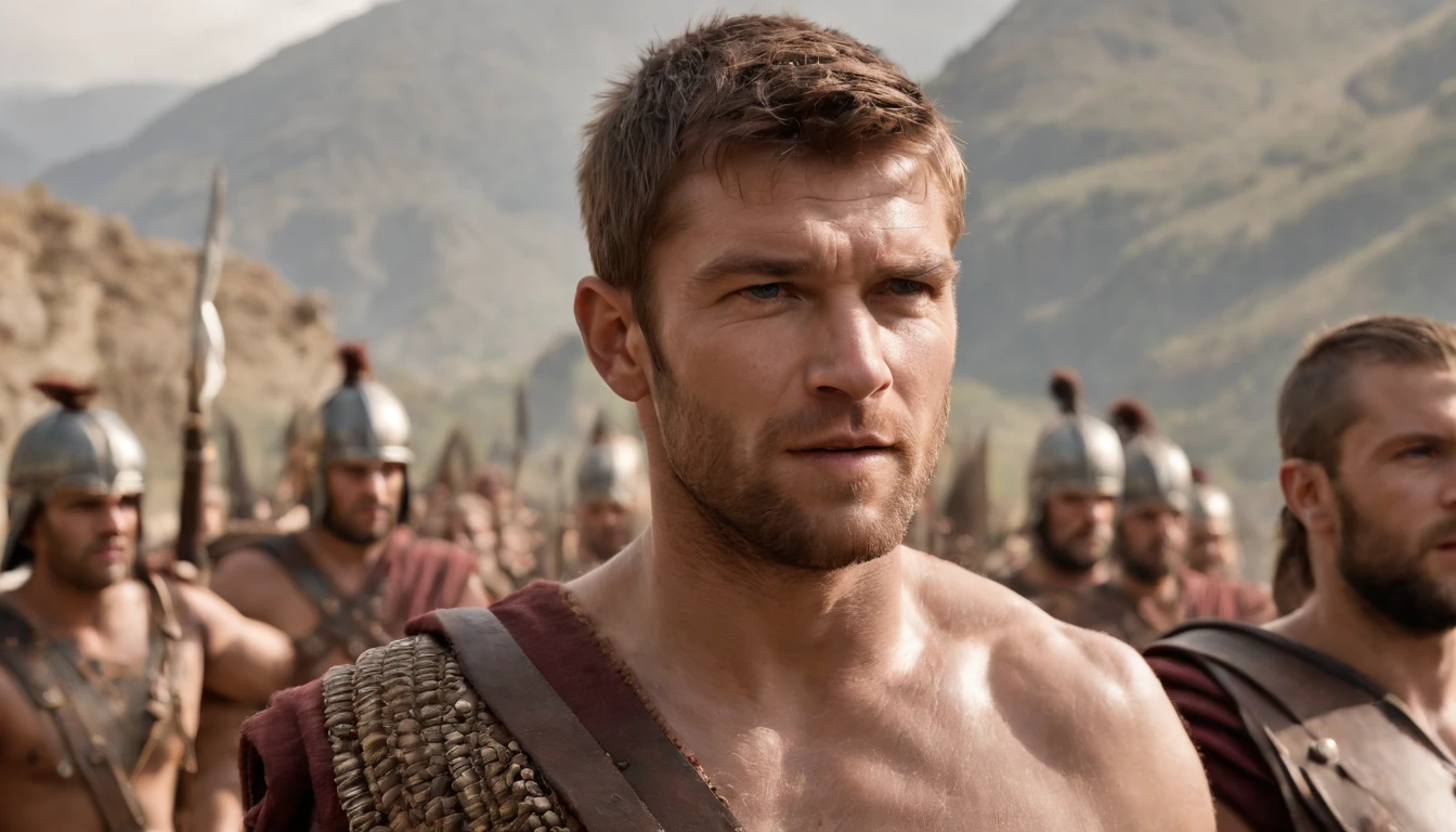 Liam Mcintyre as Spartacus, hundreds of muscular warriors, ready for war, faces of hatred, shouting, armed with swords and spears, raising spears and swords, distant mountains in the background, wearing rags, Italy, 100 BC, diffuse lighting, reflection of lens, hyperrealism, 50mm
