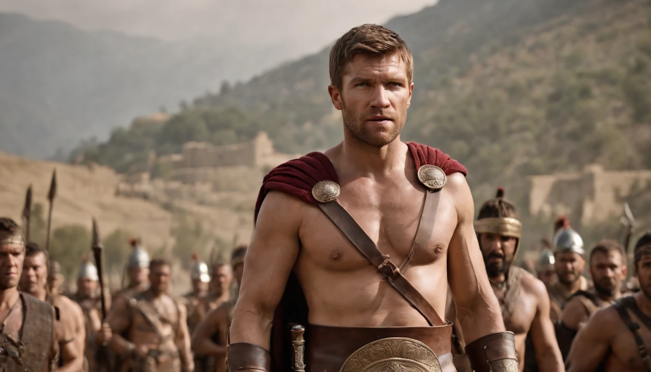 Liam Mcintyre as Spartacus, hundreds of muscular warriors, ready for war, faces of hatred, shouting, armed with swords and spears, raising spears and swords, distant mountains in the background, wearing rags, Italy, 100 BC, diffuse lighting, reflection of lens, hyperrealism, 50mm