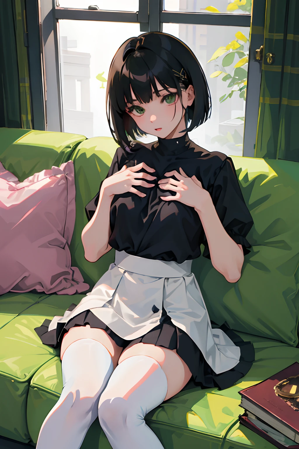 child,((hands on own chest)),(masterpiece,Highest Quality),zettai ryouiki thighhighs,pleatedskirt,Short sleeve blouse,pupils,A dark-haired,Medium bob,Black socks,Thin leg,Green sofa