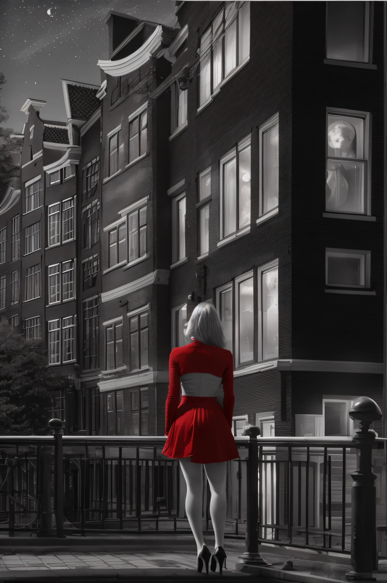 The red windows of Amsterdam, an award winning, best detailed picture in (black and white:1.5), a picture of a street on the river, you see the length of the street, the buildings from its start on the street are one or two stories high, its night time, there are (red lights:1.5) coming from the windows of the buildings, the other side of the street is the Amstel river, there is a  (woman, standing with her back to the camera: 1.2), dynamic hair, ultra feminine, she wearing pantyhose, short skirt, and wearing high heels, the picture is a from street's floor, you see the street to the left, there are the buildings and the light coming from them, and from the other side there is  river, the woman is standing in the street, its night time, there is moon light and stars, ultra best realistic, best details, best quality, 16k, (ultra detailed: 1.5), masterpiece, best quality, (extremely detailed), ultra wide shot, photorealism, depth of field, hyper realistic