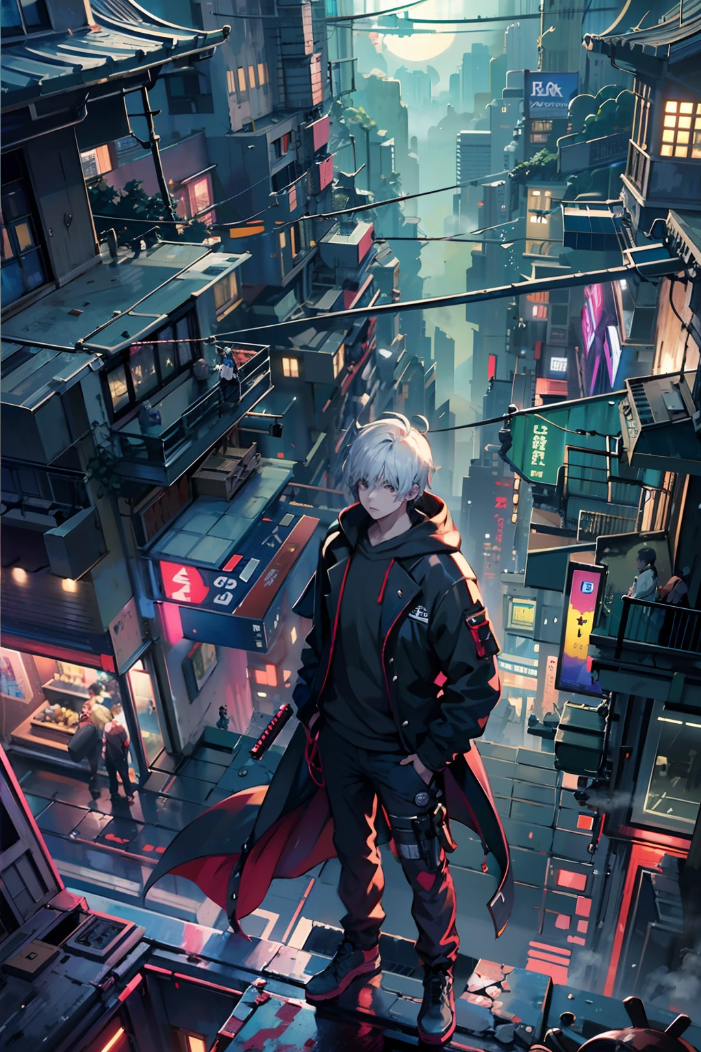 1boy,(a boy:1.5)、Anime-style protagonist、Cyberpunk Boy、Black attire、silber hair、katanas,machine gun、Whole body bloody、Overhead view of the composition、The beginning of the adventure、Lots of clouds,heavy fog、Moon,Chaotic city of the future、dystopian、Dim lighting、Chaotic、Beautiful and fantastic scenery、Cinematic scenery、hightquality、masutepiece,in 8K、hight resolution、