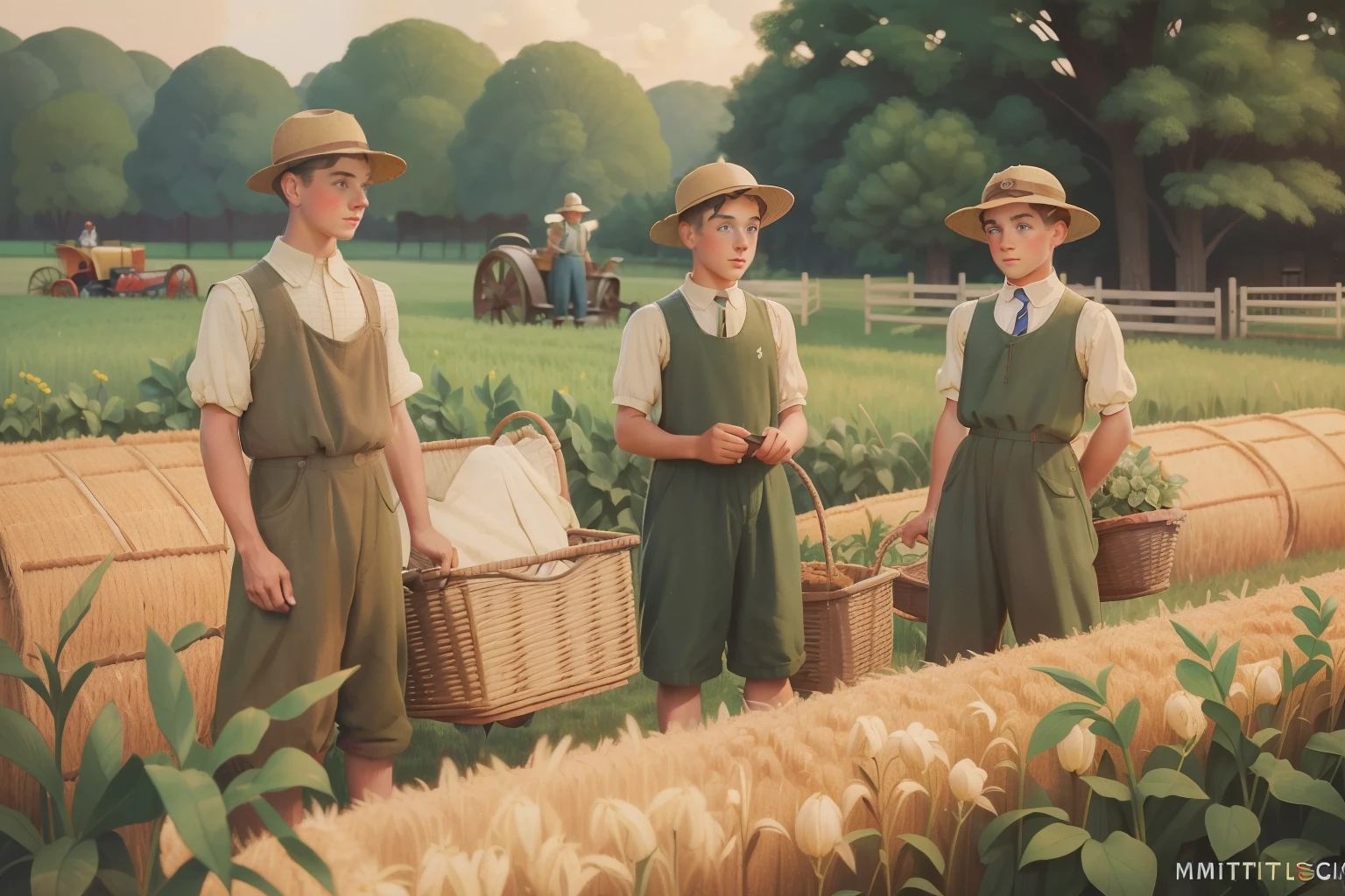 Year: 1932. Location: Lincoln, Minnesota. pre-raphaelite scene with two teenagers and one ten boy working hard in a garden, farming, hayfield, ((((1930s farmer clothes)))) ((1930s hairstyle)) ((in the style of "OMITB")) ((cinematic style))