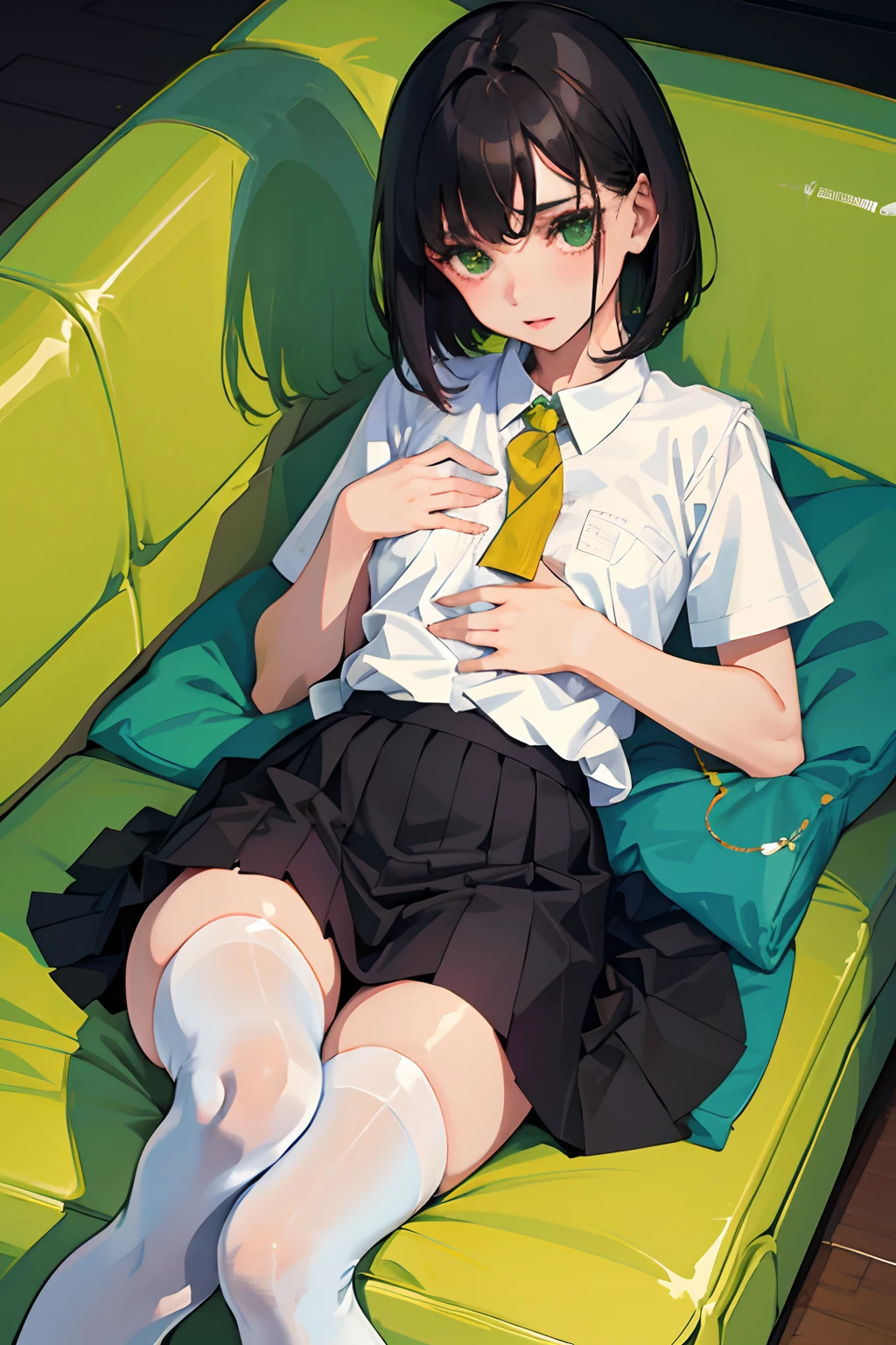 child,((hands on own chest)),(masterpiece,Highest Quality),zettai ryouiki thighhighs,pleatedskirt,Short sleeve blouse,pupils,A dark-haired,Medium bob,Black socks,Thin leg,Green sofa