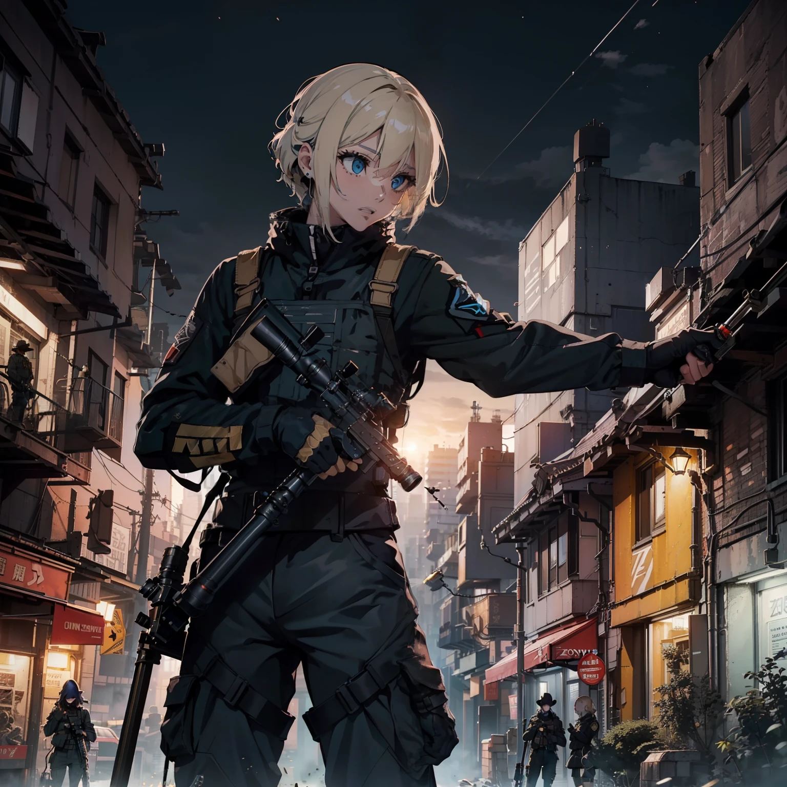 (Female soldier with well-trained body)、((Hold up your sniper rifle and shoot:1.4))、1 Women、(Black combat uniform)、(platinum-blonde-hair:1.2)、Clenching teeth、Have multiple weapons、((超A high resolution))、Detail Write、​masterpiece、top-quality、extremely details CG、8K picture quality、Cinematographic lighting、lensflare、(City at night:1.4)、Hyper-detailing、Robot wreckage、((cowboy  shot:1.4))、Detailed firearm depiction、Rifle with perfect detail、Perfect barrel that does not distort、(zoomed:1.4)、Scattered empty cartridge cases