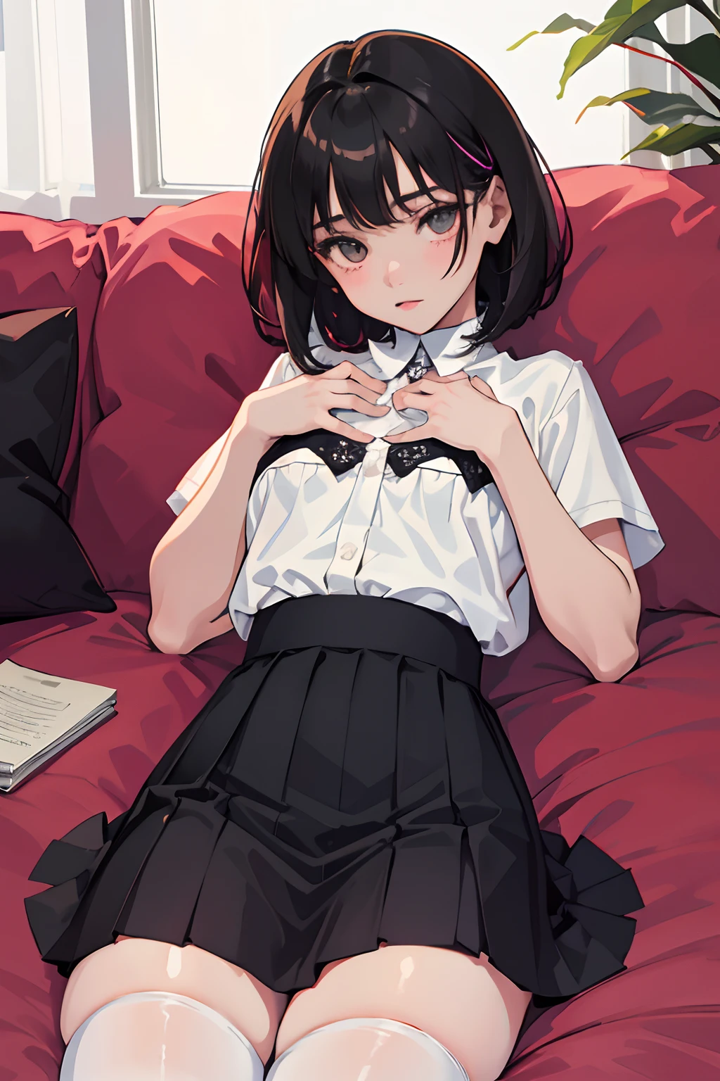 child,((hands on own chest)),(masterpiece,Highest Quality),zettai ryouiki thighhighs,pleatedskirt,Short sleeve blouse,pupils,A dark-haired,Medium bob,Black socks,Thin leg,sofas