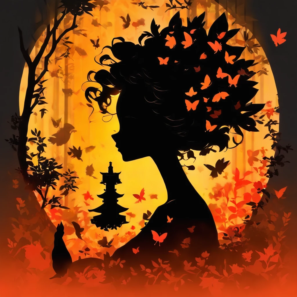 (art de la silhouette,Cuts:1.6)
(((Art of paper cutting,A world where only black exists:1.3)
(Tir de cowboy),1 fille,seulement,
(Kimono Fille,profil:1.2),blanc, Visage clair et beau,Chat noir aux pieds
casser
(Colorful leaves、jaune rouge:1.1)
Textured glass back,