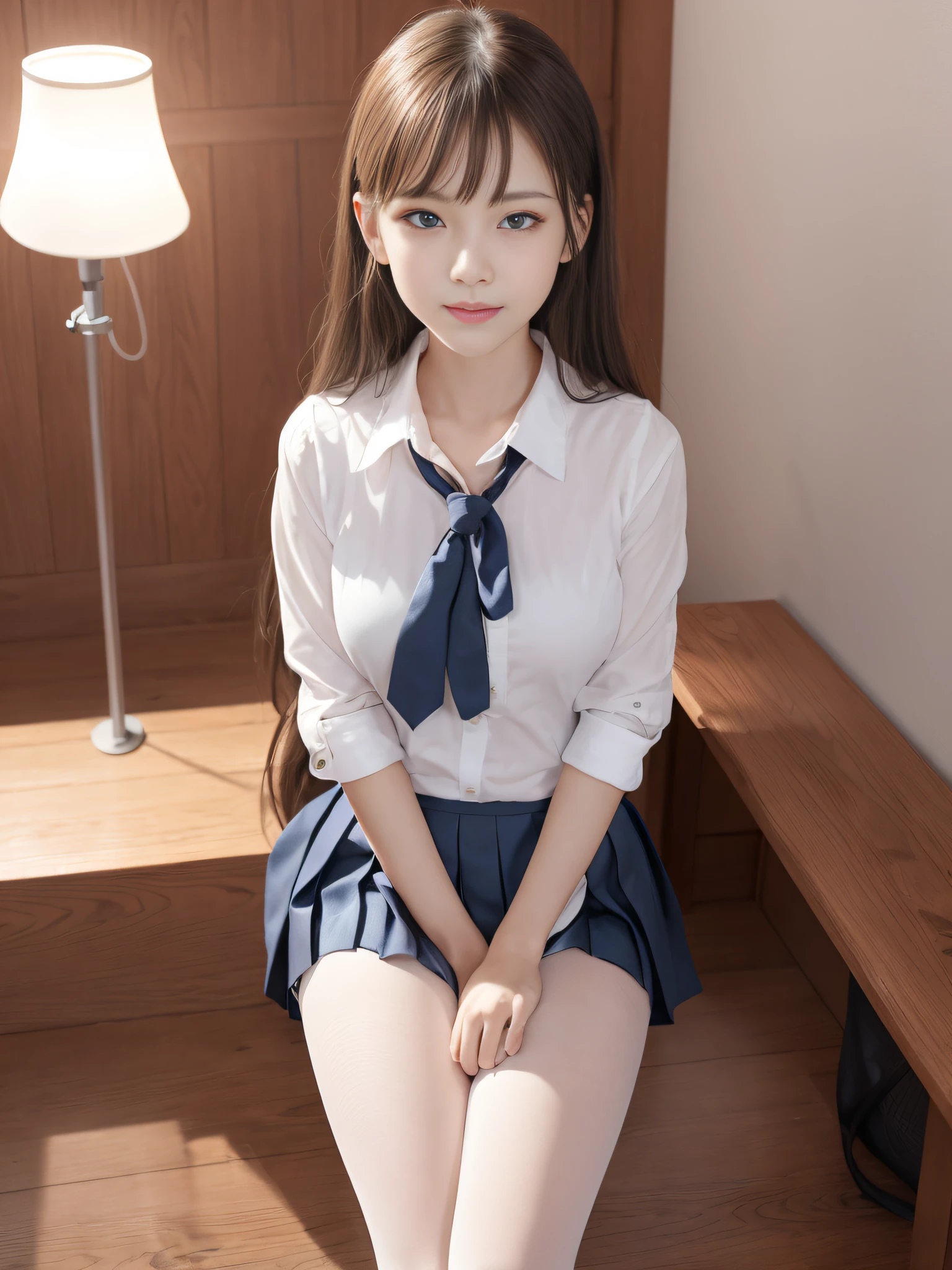Ultra realistic 8K CG, Picture-perfect face, flawless, clean, masutepiece, Professional artwork, famousartwork, Perfect face, Beautiful face, Beautiful eyes, ((Perfect female body)), (Slender body), 16 year old girl, Solo, (Immersive atmosphere, Chiaroscuro:1.5, Bright light:1.2, Luminous lighting), (blush:0.5), fascinated expression, Extremely detailed_Eyes, Small breasts, beautifullydetailedbackground, depth of fields, Realistic:1.3, longshot, 1girl in, Shirt, Pleated skirt, Japan school uniform, Sitting, Full body, (ambient lights:1.3), (Cinematic composition:1.3), (Neon light:0.1), (nffsw:0.1), Accent Lighting, White pantyhose,Neat and clean lady，