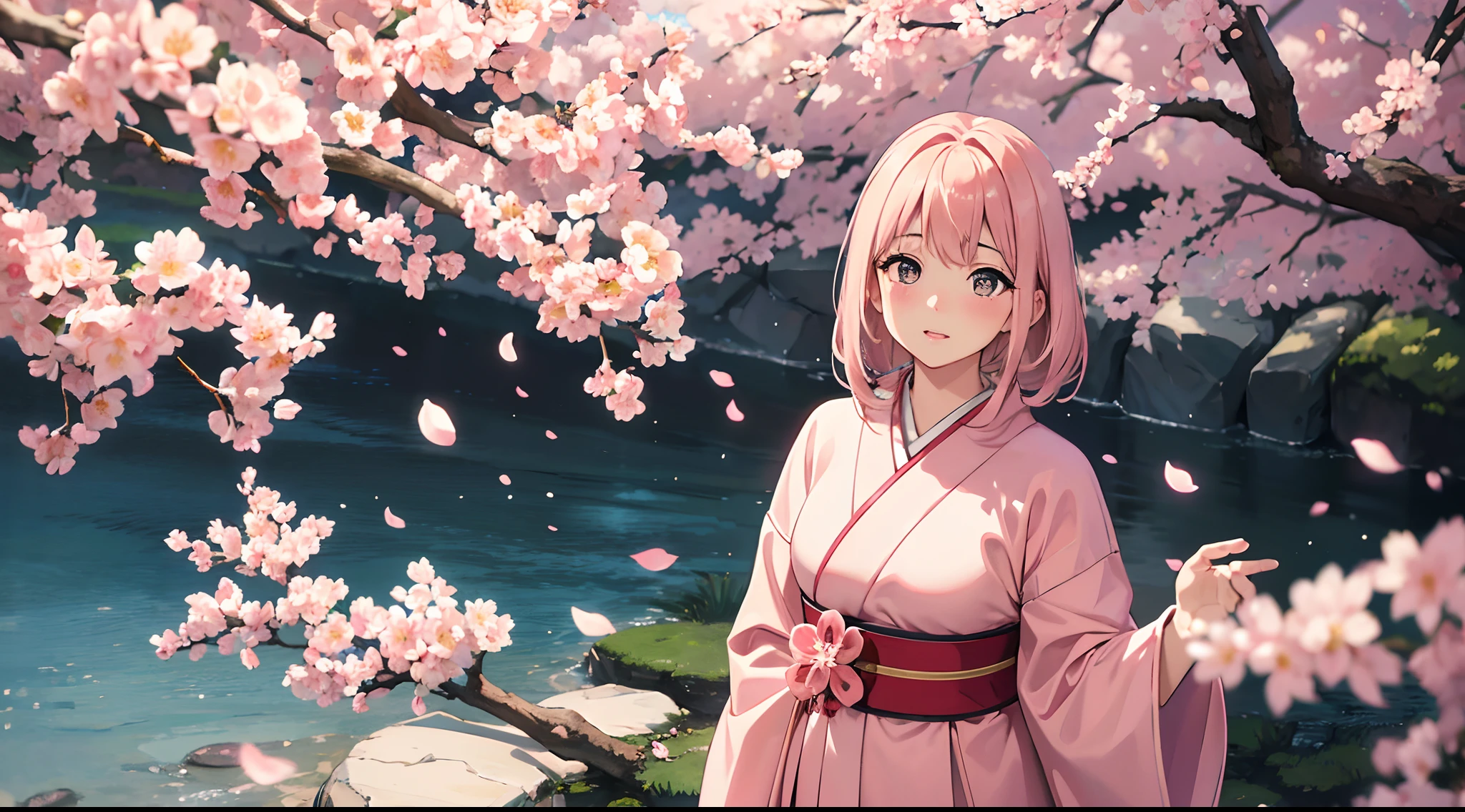 Anime girl in pink dress standing under a tree with pink flowers ...