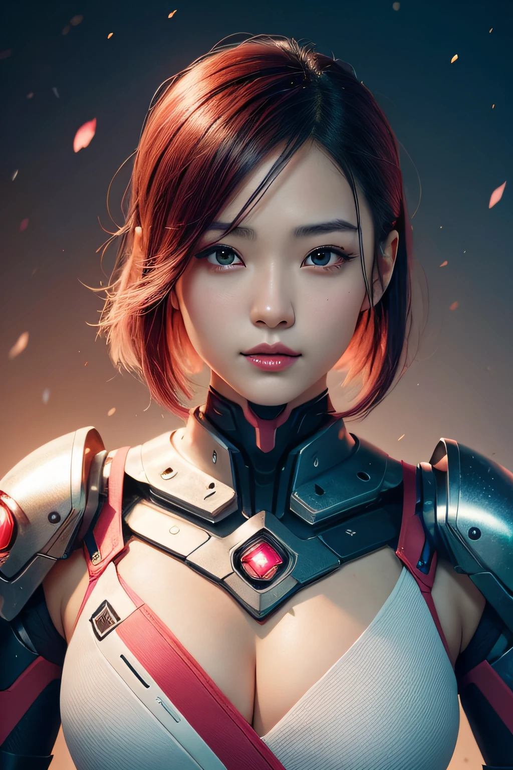 beautiful japanese young woman, wearing cyborg armor, thick symmetrical features, very short hair, background is cherry blossoms, pink aura, red lips, octane render,