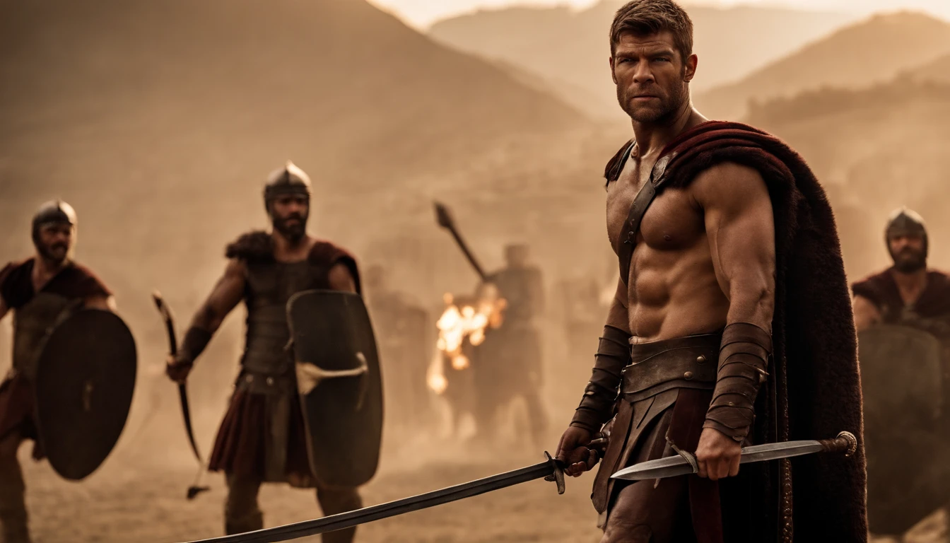 Liam McIntyre como Spartacus, centenas de guerreiros musculosos, Pronto para a guerra, Faces of hate, grito, armed with swords and spears, raising spears and swords, Montanhas distantes no fundo, usando trapos, Italy, 100 a.C., diffuse lighting, reflexo da lente, hiper-realismo, 50 millimeters