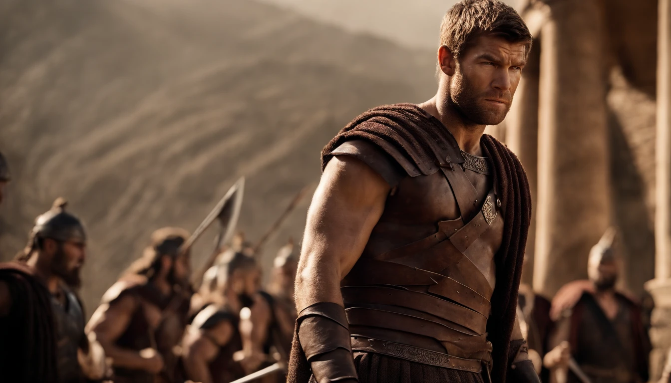 Liam McIntyre como Spartacus, centenas de guerreiros musculosos, Pronto para a guerra, Faces of hate, grito, armed with swords and spears, raising spears and swords, Montanhas distantes no fundo, usando trapos, Italy, 100 a.C., diffuse lighting, reflexo da lente, hiper-realismo, 50 millimeters