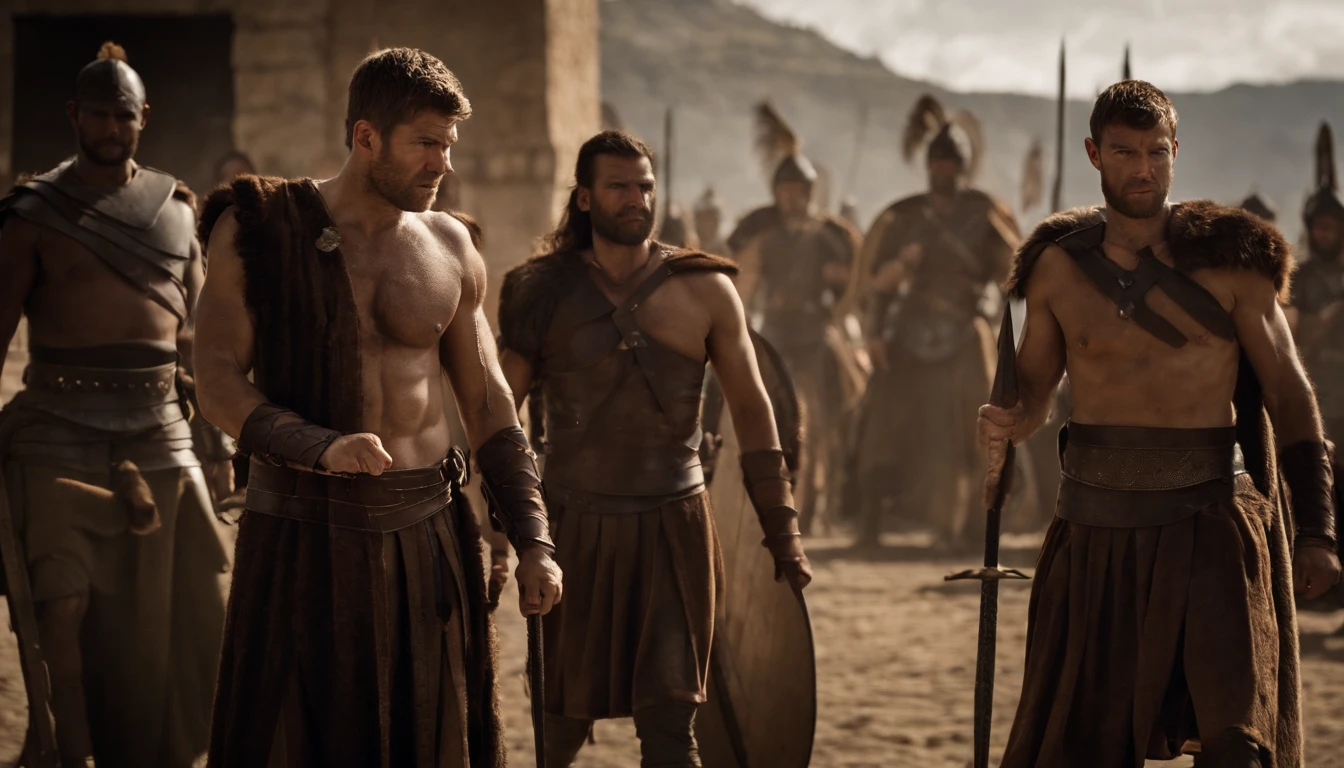 Liam McIntyre como Spartacus, centenas de guerreiros musculosos, Pronto para a guerra, Faces of hate, grito, armed with swords and spears, raising spears and swords, Montanhas distantes no fundo, usando trapos, Italy, 100 a.C., diffuse lighting, reflexo da lente, hiper-realismo, 50 millimeters