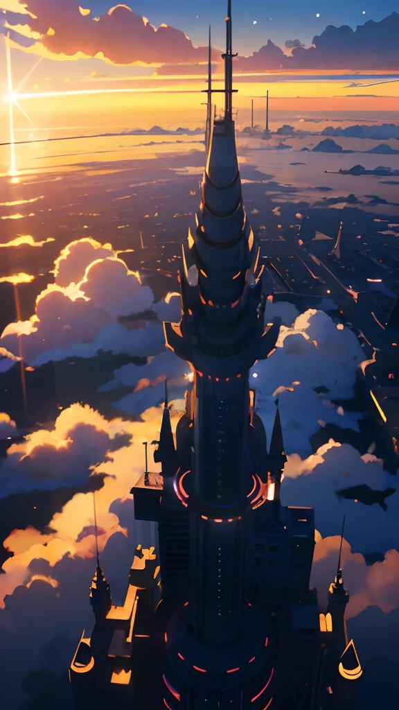 Masterpiece, best quality, (very detailed CG unity 8k wallpaper) (best quality), (best illustration), (best shadows) makoto shinkai movies, sunset, cosmic stars, clouds, beautiful hues, shooting star, bird eye view. no humans, no buildings,
