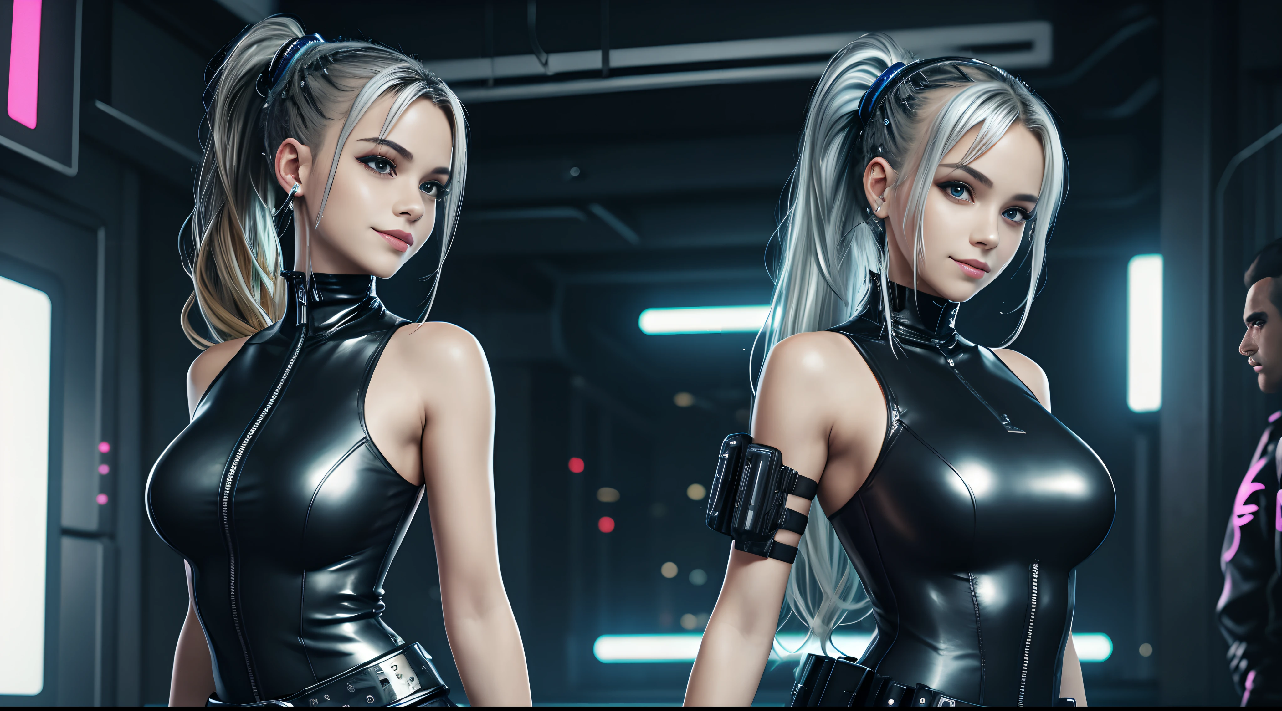 Lolita, smiling, 20 years old, ((best quality)), ((masterpiece)), (high definition:1.3), 3D, beautiful (cyberpunk:1.3), stylish woman looking at camera black leather clothes, sleeveless, embarrassed, waist skin invisible, blue-black leather pants, silver zipper,belt below the waist,super fine illustration,blond hair , showing forehead, silver center zipper, leather blue black bodysuit, sleevelesblue blacks, shiny, blonde ponytail