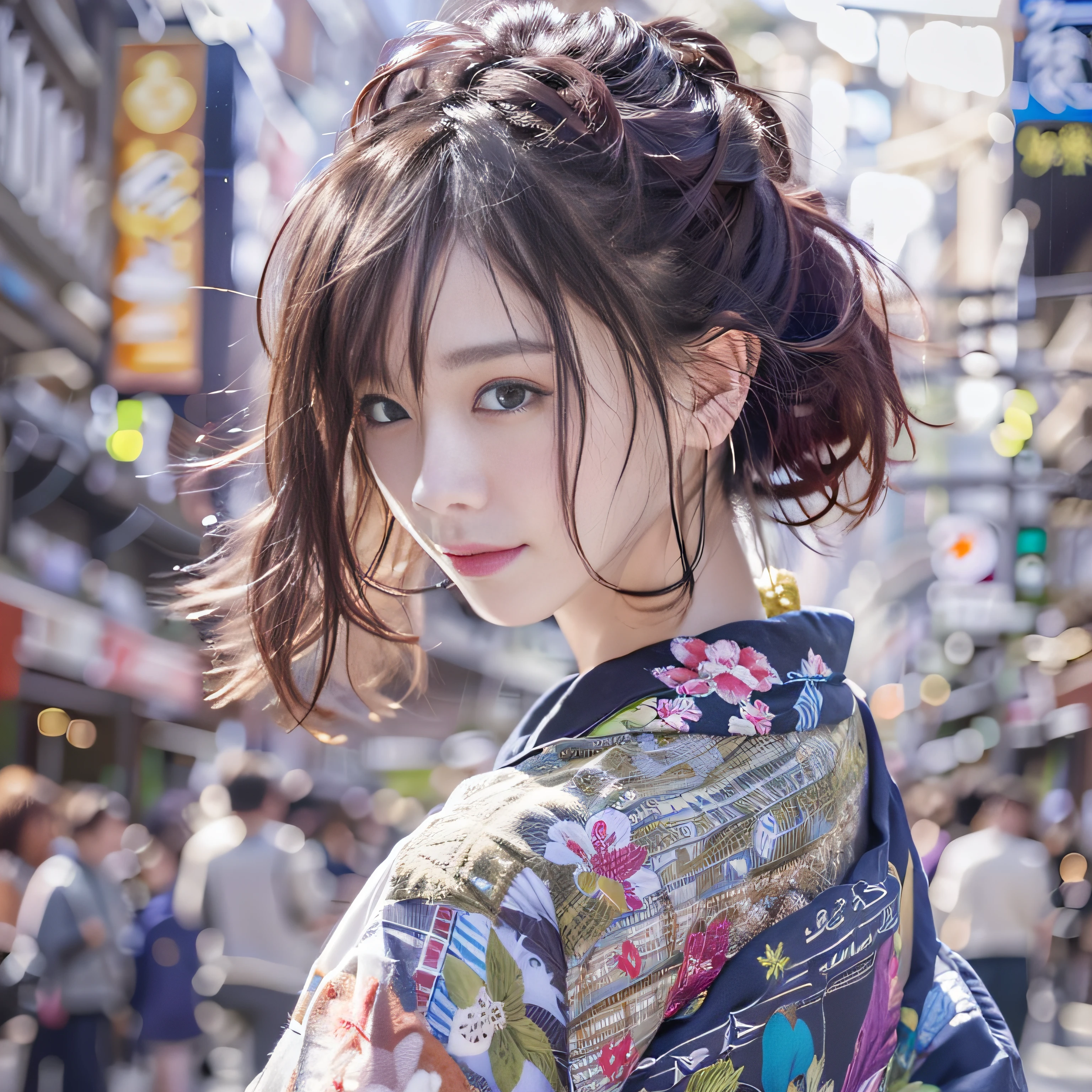 女の子1人、on tokyo street、A city scape、The upper part of the body、wearing Japanese kimono、Piercing with a kanzashi with hair up、a closeup、A smile、、(8K、Raw photography、top-quality、masterpiece:1.2)、(realisitic、photoRealstic:1.37)、Highly detailed eyelash drawing、(((Top image quality))),Colossal tits、Fine skin, (Beautiful hair), (Perfect Anatomy), (Realistic), (Dynamic Angle), Pose Seductive,Perfect,Sensual look、top-quality、hight resolution、