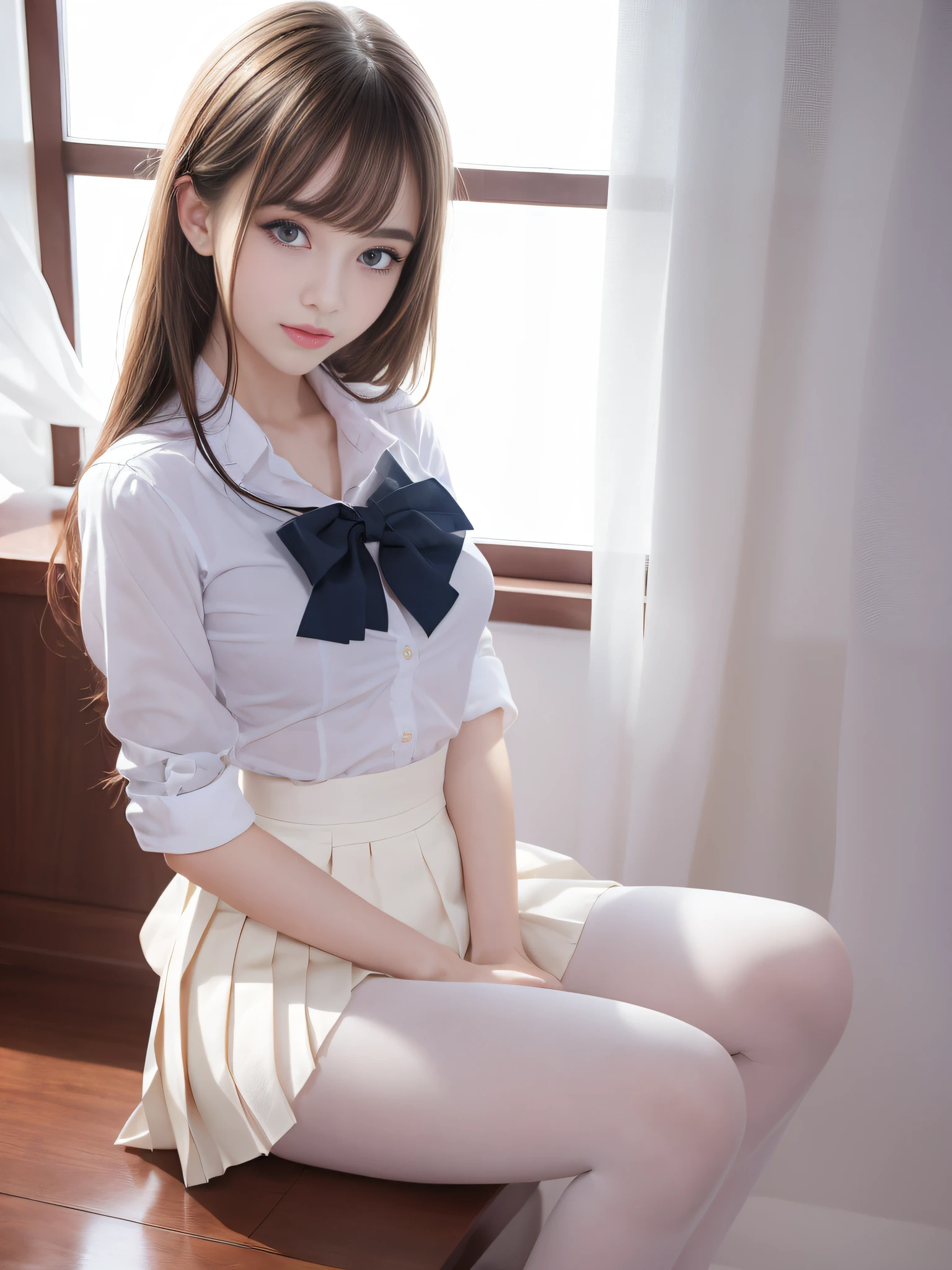 Ultra realistic 8K CG, Picture-perfect face, flawless, clean, masutepiece, Professional artwork, famousartwork, Perfect face, Beautiful face, Beautiful eyes, ((Perfect female body)), (Slender body), 16 year old girl, Solo, (Immersive atmosphere, Chiaroscuro:1.5, Bright light:1.2, Luminous lighting), (blush:0.5), fascinated expression, Extremely detailed_Eyes, Small breasts, beautifullydetailedbackground, depth of fields, Realistic:1.3, longshot, 1girl in, Shirt, Pleated skirt, Japan school uniform, Sitting, Full body, (ambient lights:1.3), (Cinematic composition:1.3), (Neon light:0.1), (nffsw:0.1), Accent Lighting, White pantyhose,Neat and clean lady，