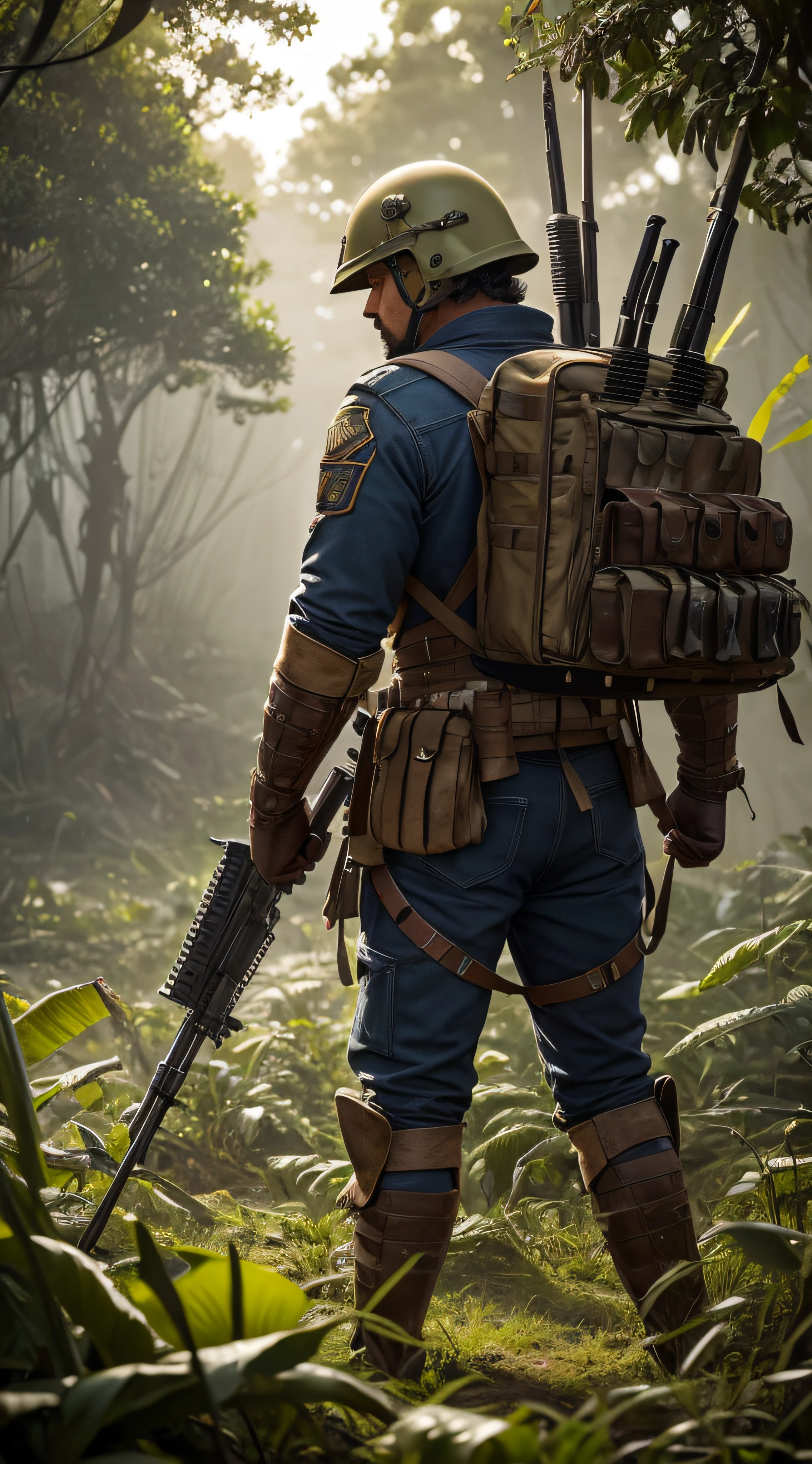 (extremadamente detallado, obra maestra, La mejor calidad, foto antigua, principios de siglo, VHS Aesthetics) Soldado con una armadura tecno. Armas grandes, cannons on his back. motosierras. pieles de animales. In the middle of a strange jungle. Vegetables from another dimension. Epic flowers far away, organic trees with meat. Luz noche.