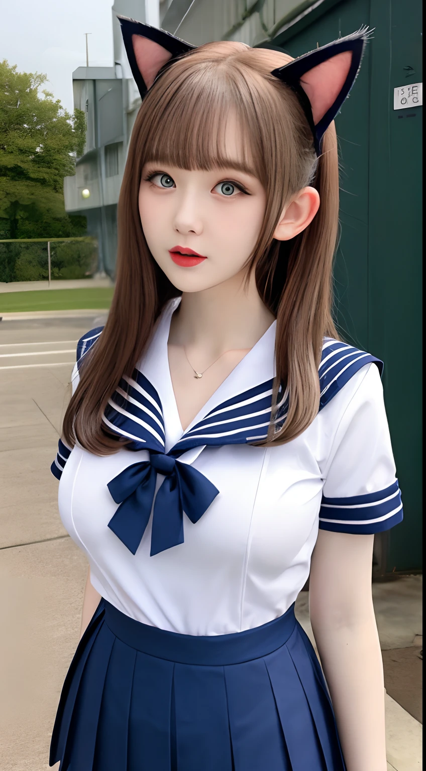 highest quality,Photo quality,Ultra-high resolution,Professional Lighting,18-year-old,Beautiful face like an actress,Transparent blouse:0.7,Sailor suit uniform,navel:1.1