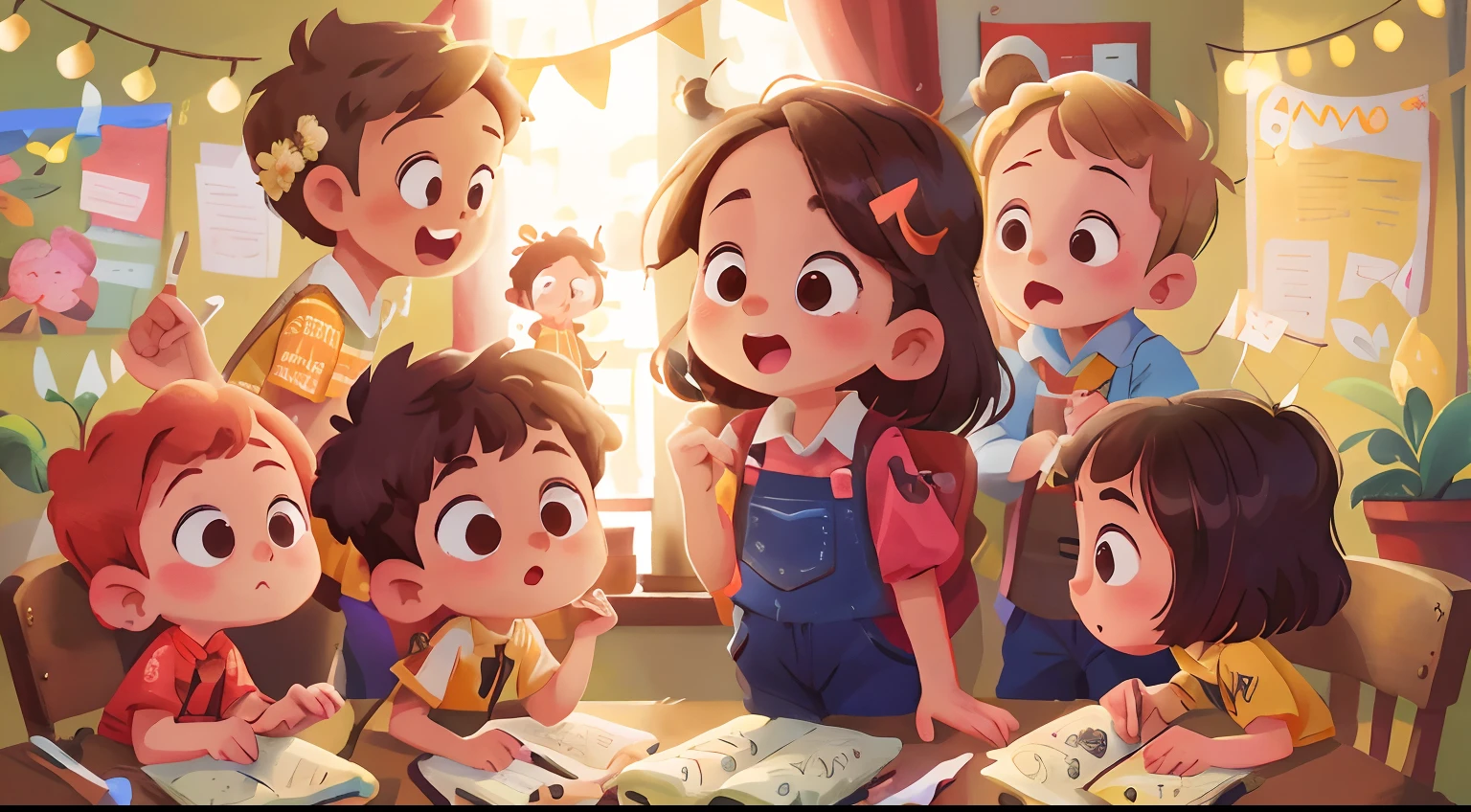 there are 6 children gathered, sentadas na escola, conversando: 0.8), (obra-prima: 1.2) (realista: 1.2) (Bokeh) (melhor qualidade) (pele detalhada: 1.3) (detalhes intrincados) (8k) (olhos de detalhe) (foco nítido), (Feliz)