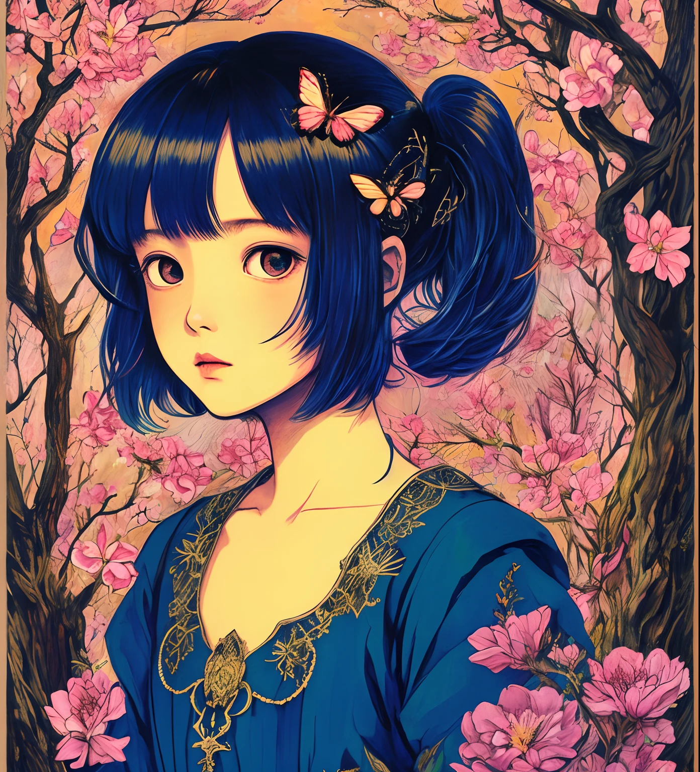 (by Yuko Higuchi:1.3),(by Miwa Komatsu:1.4),(masterpiece,best quality,Official fine art,Beauty and aesthetics:1.2),(ultra - detailed),finely detailled,best illustration,hand drawn high quality,(hight contrast),(clean linework:1.3),(lineart),line drawn,(Complex lines),ligne claire,Pen painting,dynamic angle,Simple color matching,(portrait,above chest,Extremely close: 1.1),zombie girl,,(She was surrounded by dead trees:1.1),big eyes,(wave air,Pigtails),Corpose Bride,Wraparound composition,flat chest,mysterious night,(Increate details),(detailedbackground:1.2),(Light and elegant color scheme),A high resolution,an art deco,by yoshitaka amano,tarot cards,butterflys,blossoms