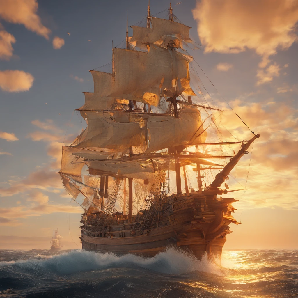 2 navios detalhados, hiper grande, Historical, no mar, (melhor qualidade, 4k, Altas, master part:1.2), ultra-detalhado, Realistic:1.37, oil painting, Detalhes requintados, Battleships, epic battle scene, mastros imponentes, velas ondulantes, cannons firing, ondas estrondosas, dramatic lighting, Historical naval warfare, intense action, navios meticulosamente trabalhados, grandeza e poder.