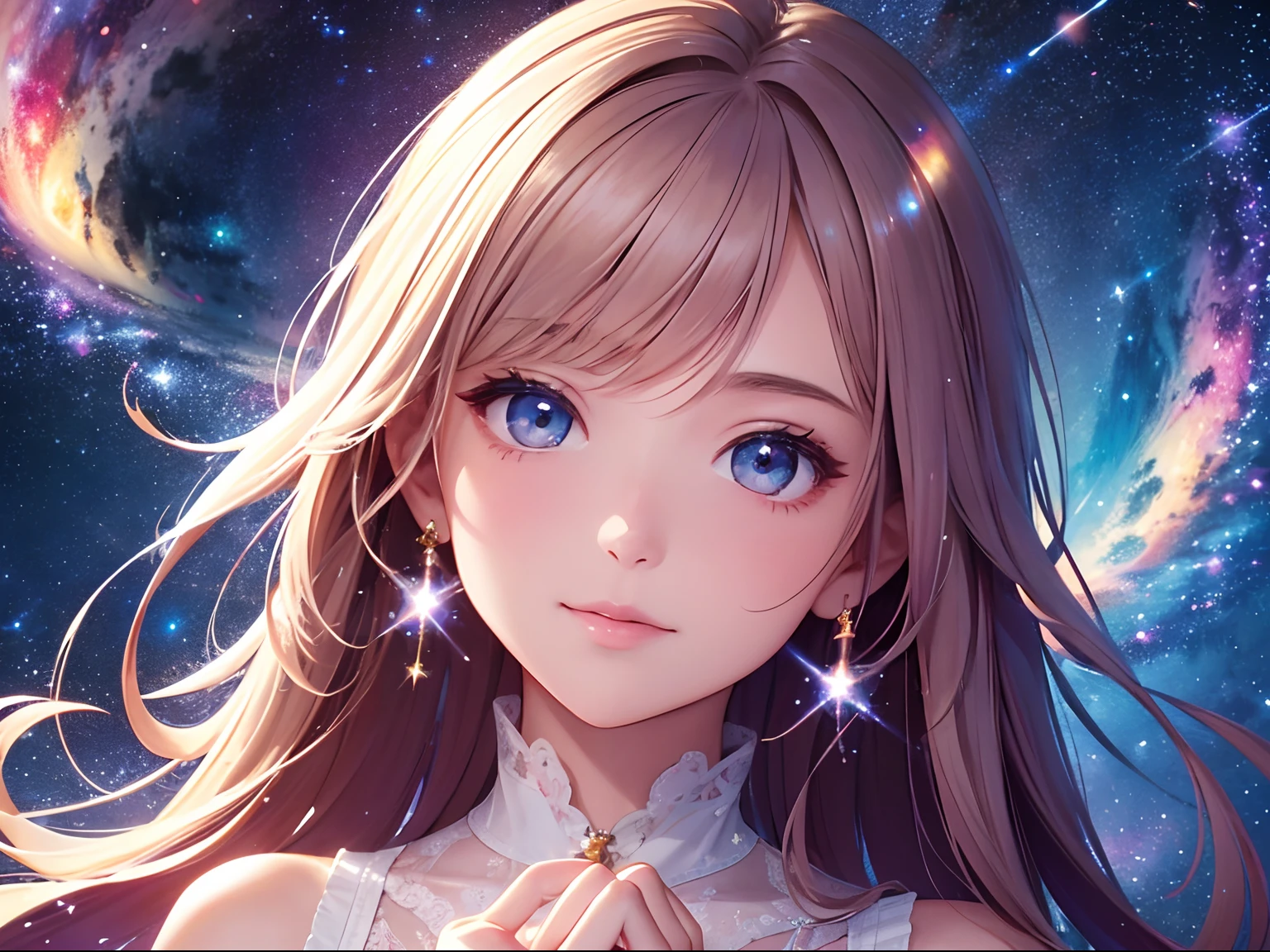 The background is the entire starry sky of the galaxy,Twinkling starlight,Boundless,Fantastic sight。Close up of smiling looking up、Facing upwards、(masterpiece、realisitic、hight resolution)、(1 girl in):1.2)、Do-Up Eye、Korean Girl、(Best Quality), (masutepiece), (1girl in), Solo, Beautiful Girl, Perfect face, dreamlikeart、Highly detailed airbrush art(((Surreal))、intricate detailes、Volumetric lighting、(masterpiece:1.2)、(top-quality)、The ultra-detailliert、(The composition of the movement:1.4)、Highly detailed colorful details、(Bright lighting、Atmospheric lighting)、Magical、dynamic compositions、Ray traching、The mirror reflects light、Shallow depth of field、ultra-detailliert、mixing exposure、nffsw、Super masterpiece、Her eyes are glowing with starlight、Her face is full of anticipation and courage、Her lips gloss、Smiles and adventurous atmosphere、Starry sky in the rear、Bring starry light、The starry sky creates a beautiful scenery..。Her courage and determination are condensed.、Eye-catching presence。Her eyes are shining。shooting stars、shooting stars、
