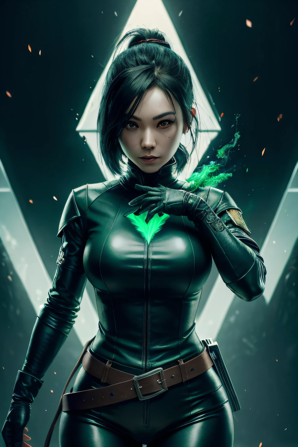 beautiful japanese young woman, extreme detailed, bodysuit, gloves, belt, thigh boots, (valorantViper:1.2), bodysuit, gloves, belt, thigh boots, respirator, looking at viewer, face, portrait, close-up, green, slender, (combat ready stance), (tactical outfit), (solo character), (gaming theme:1.5), short hair, green, (black hair), (milittary gear), (gas mask:0.4), (poisonous green:1.2), (glowing effects),