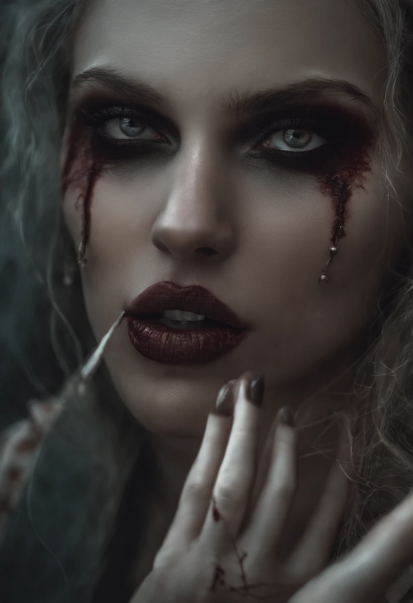 Realistic horror style，Female zombies，Pas de surbrillance, Hollow and ungodly pupils，La bouche montre des crocs，large amounts of saliva，Sang et cicatrices sur le visage，pale complexion，Mordez-vous le doigt，Clothes are in tatters，Stormy days，dimly lit，Rue de nuit sombre，Tons noirs。