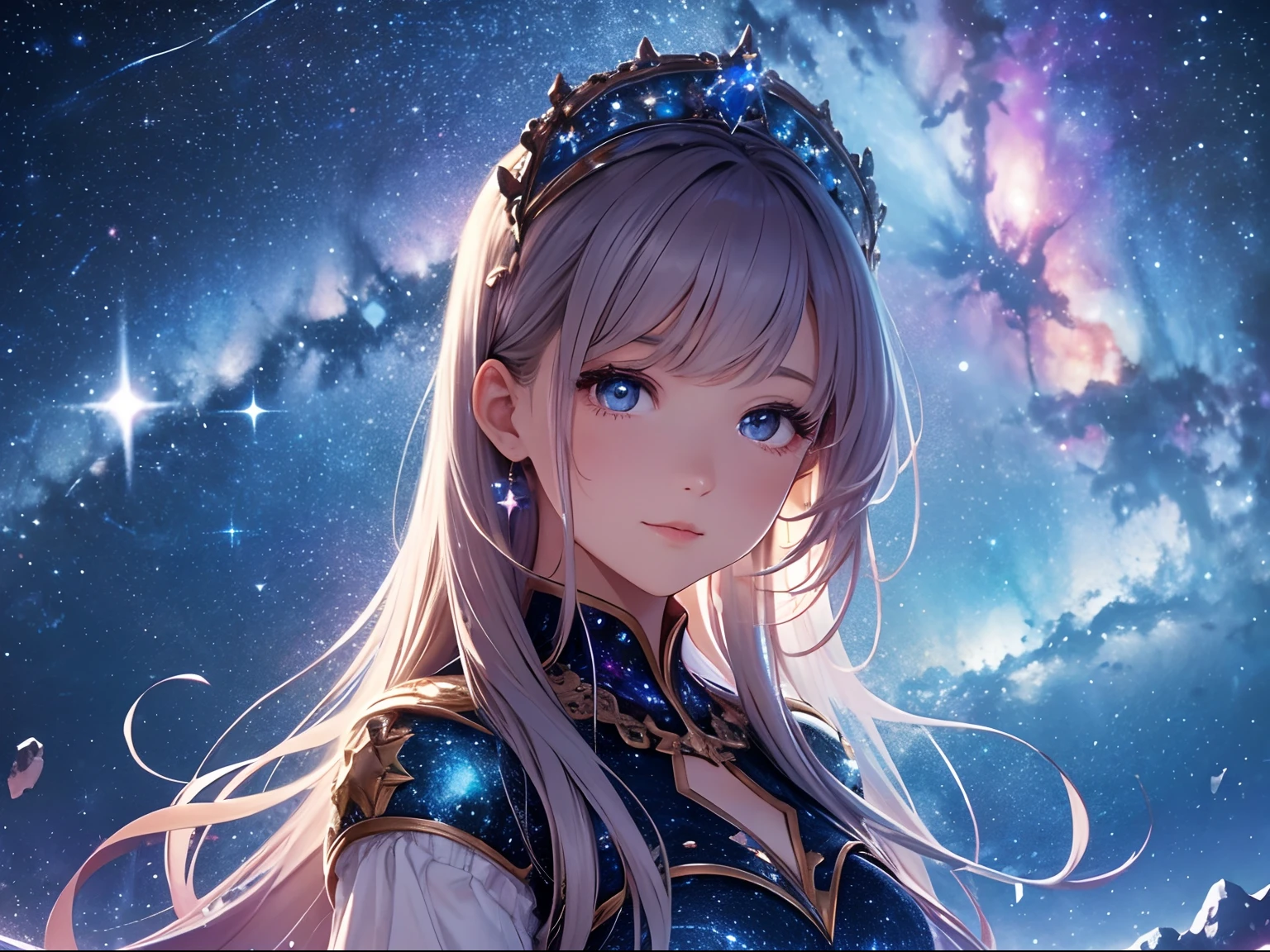 High detail, super detail, super high resolution, girl enjoying her time in the dream galaxy, surrounded by stars, warm light sprinkled on her, background is starry sky with colorful galaxies and galaxy clouds, stars flying around her, delicate face, adding playful atmosphere , --v6