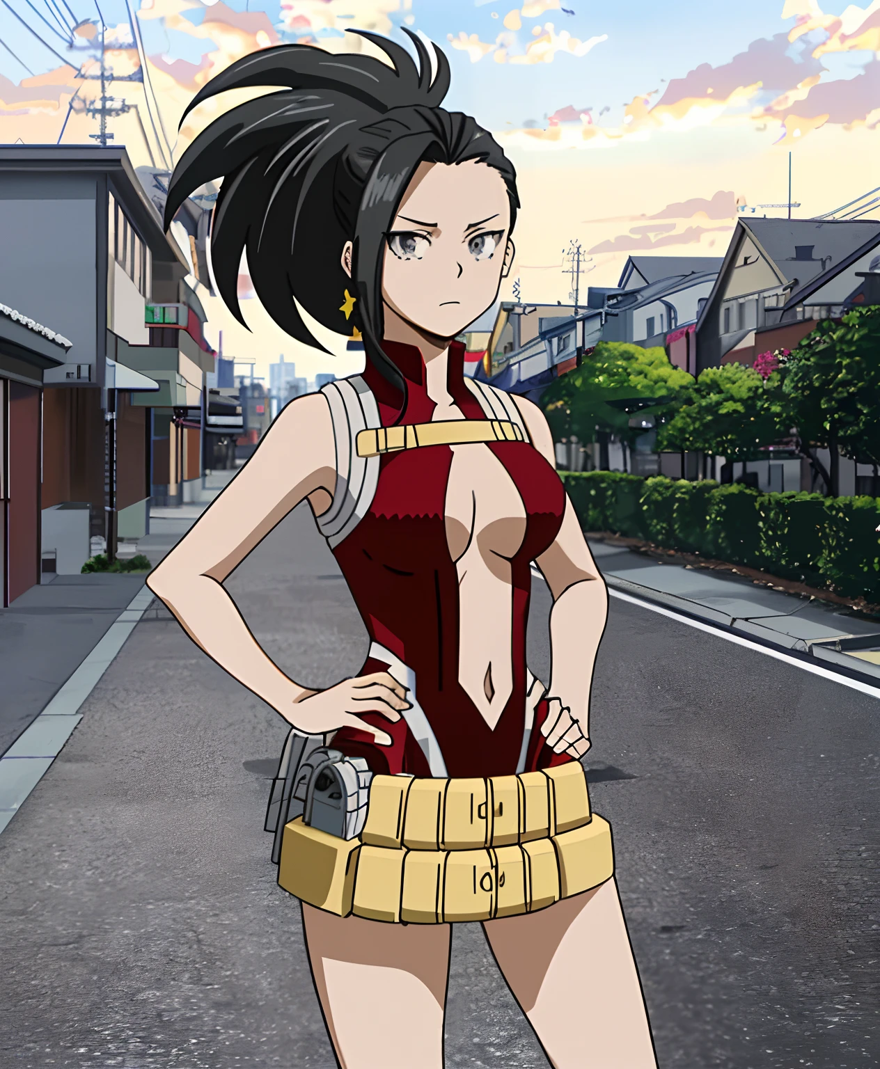 [momo yaoyorozu], [Boku no hero academia], ((masterpiece)), ((high quality)), ((HD)), ((solo portrait)), ((beautiful 2D art)), ((anime)), ((detailed shading)), ((intricate details)), {momo; (cute grey eyes), black hair, side bang, spikey ponytail, long eyelashes, large boobs, (beautiful legs), (expressionless), (angry)}, {(hero costume), red leotard, (navel cutout), yellow belt, (red knee-high boots)}, {(standing), (hand on hip), (looking at viewer)}, [Background; (city), (sunny), (sun rays)]
