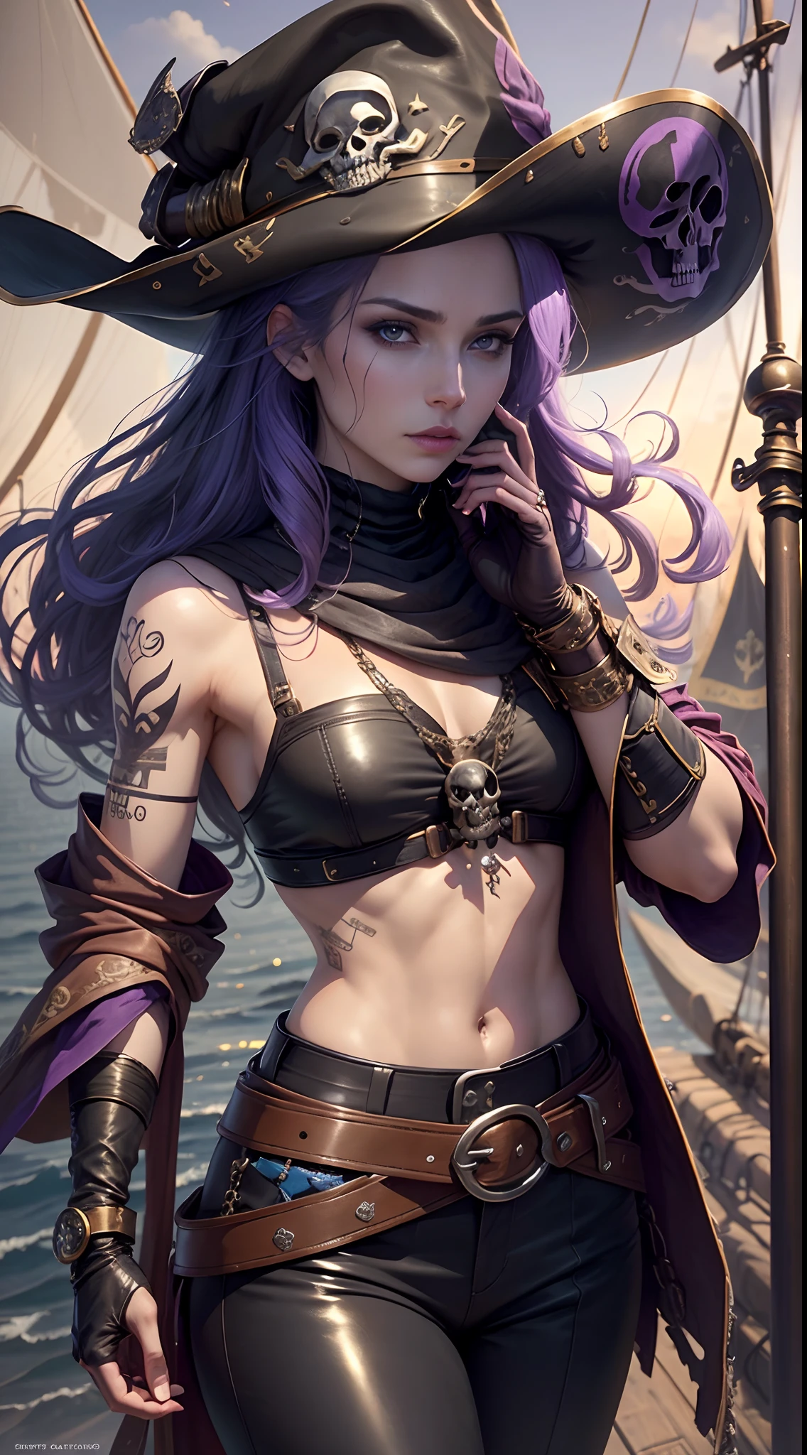 full bodyesbian, Top quality, Intricate details , (Fine skin, Shiny skin, Shiny hair, Pale complexion), Purple sky, golden time, Sunset, Sail ships, Pirate ship, ((Skull mark on flag)), Ambitious, Seductive Woman, Blue hair, Long hair, Hair fluttering in the wind, scar on the cheek, detailed tattoos, Leather clothes, Sleeveless clothes, Leathercoat, Leather gloves, Solid gold bracelet, leather pant, Black trousers, Pirate hat , A hat with a skull marker, (Leather belt), Look far away