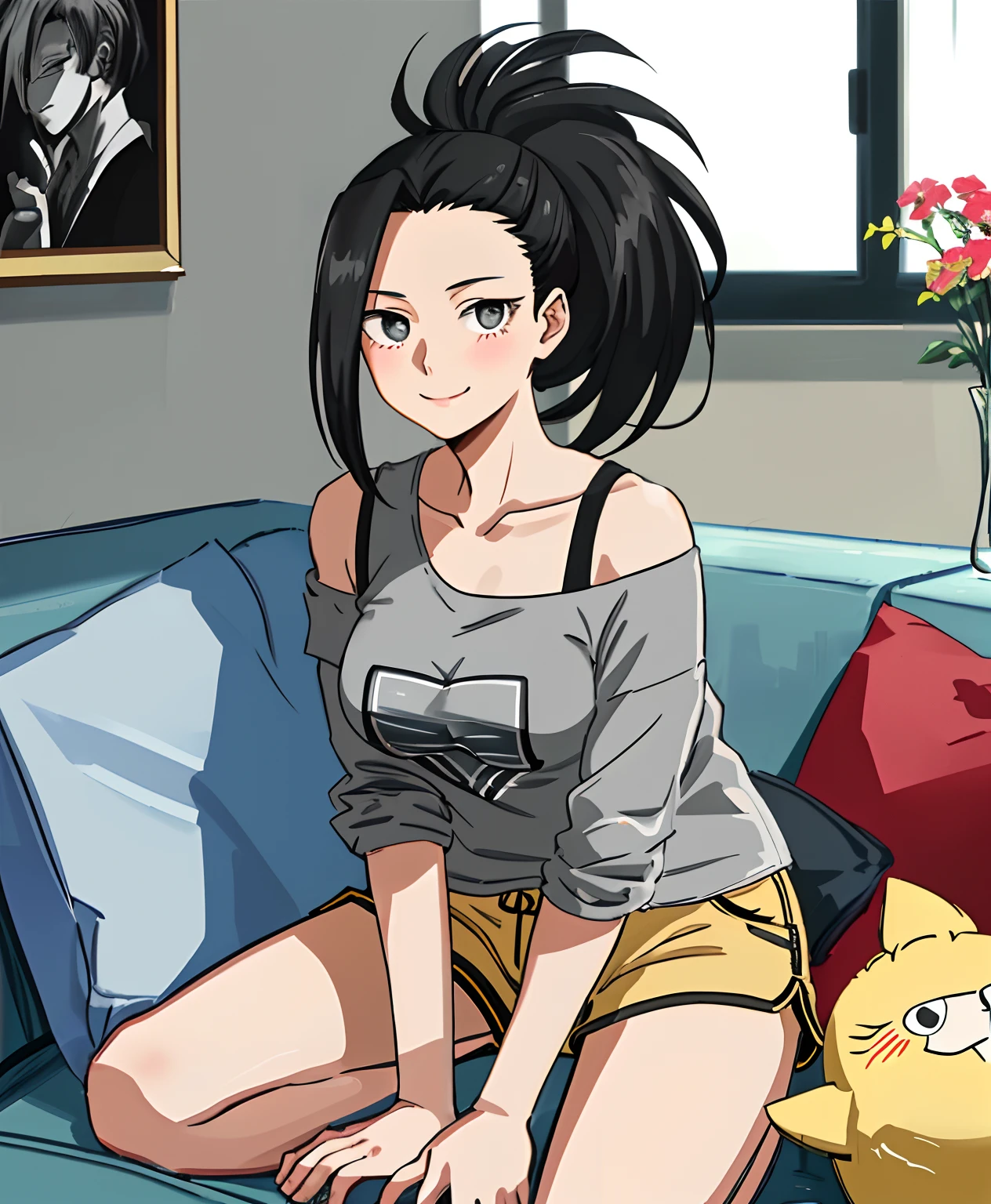 [momo yaoyorozu], [Boku no hero academia], ((masterpiece)), ((high quality)), ((HD)), ((solo portrait)), ((beautiful 2D art)), ((anime)), ((detailed shading)), ((intricate details)), {momo; (cute grey eyes), black hair, side bang, spikey ponytail, long eyelashes, large boobs, (beautiful legs), (beautiful lips), (blushing), (cute smile)}, {(grey off-shoulder tee shirt), (yellow lounge shorts)}, {(on couch), (on knees), (all fours), (looking at viewer)}, [Background; (living room), (window), (flower vase), (mansion)]