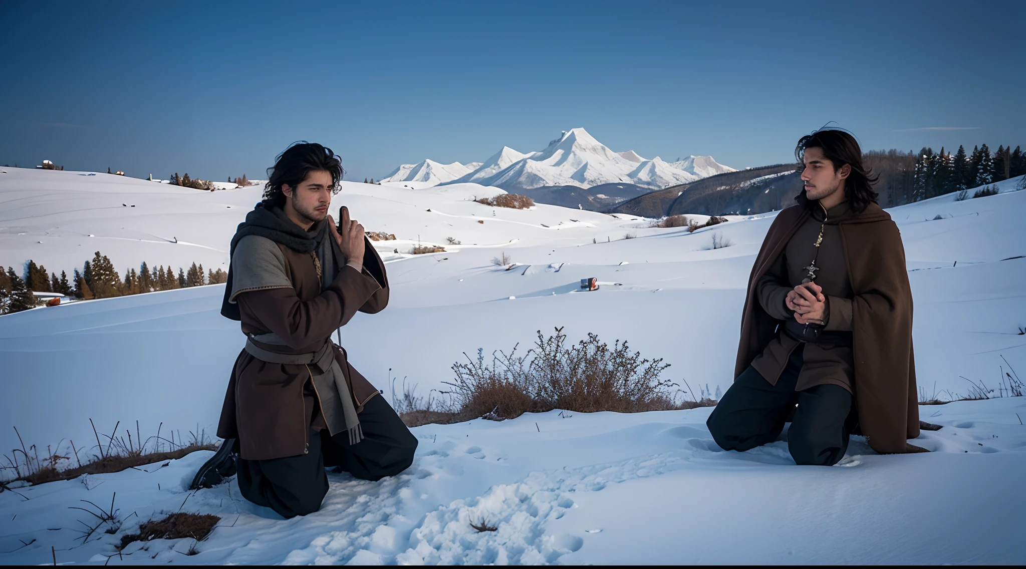 young medieval romani man kneeling on a snowy hillside, awaiting execution