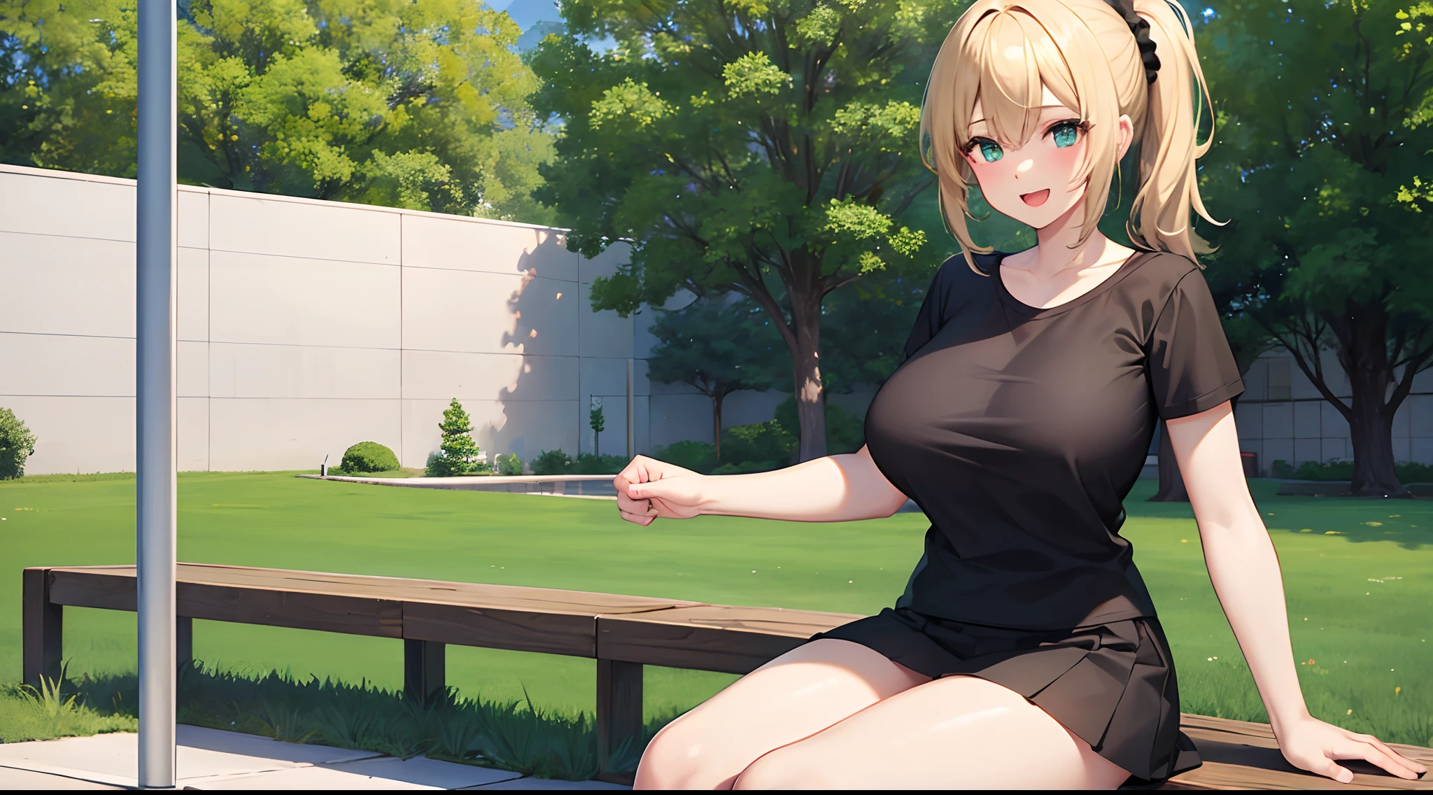 1 girl, game CG, plain black T-shirt, white short skirt, hair scrunchie, gigantic breasts, blonde, middle hair, side ponytail, green eyes, park, smile, open mouth, sit,