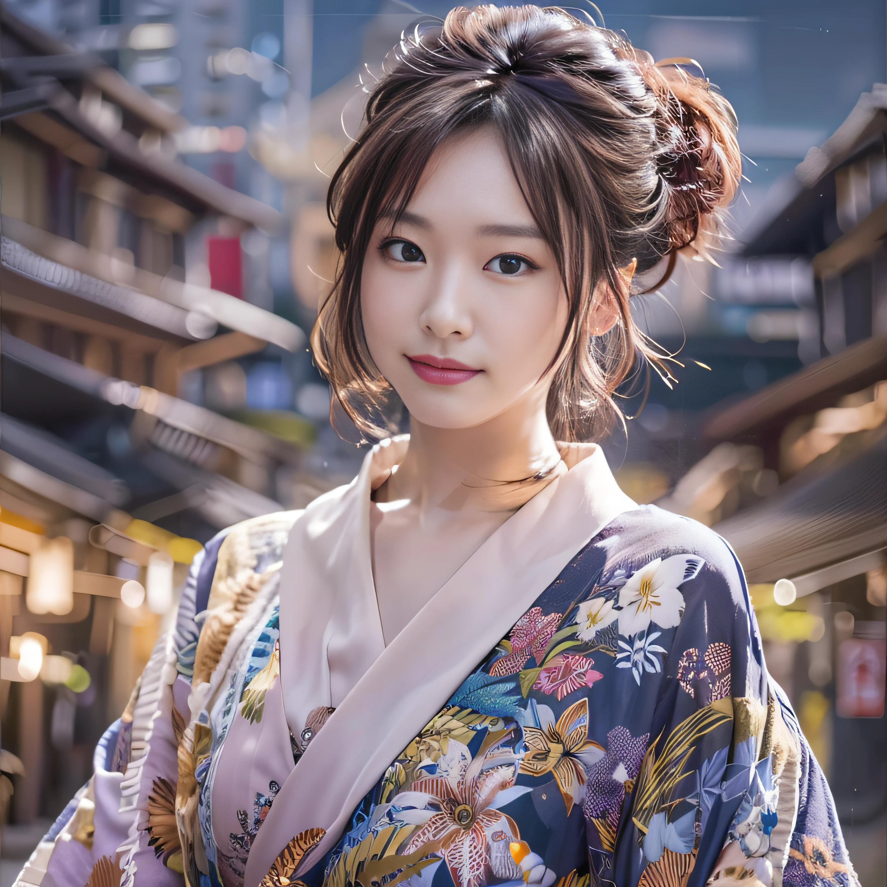 女の子1人、on tokyo street、A city scape、The upper part of the body、wearing Japanese kimono、Piercing with a kanzashi with hair up、a closeup、A smile、、(8K、Raw photography、top-quality、​masterpiece:1.2)、(realisitic、photoRealstic:1.37)、Highly detailed eyelash drawing、(((Top image quality))),Colossal tits、Fine skin, (Beautiful hair), (Perfect Anatomy), (Realistic), (Dynamic Angle), Pose Seductive,Perfect,Sensual look、top-quality、hight resolution、