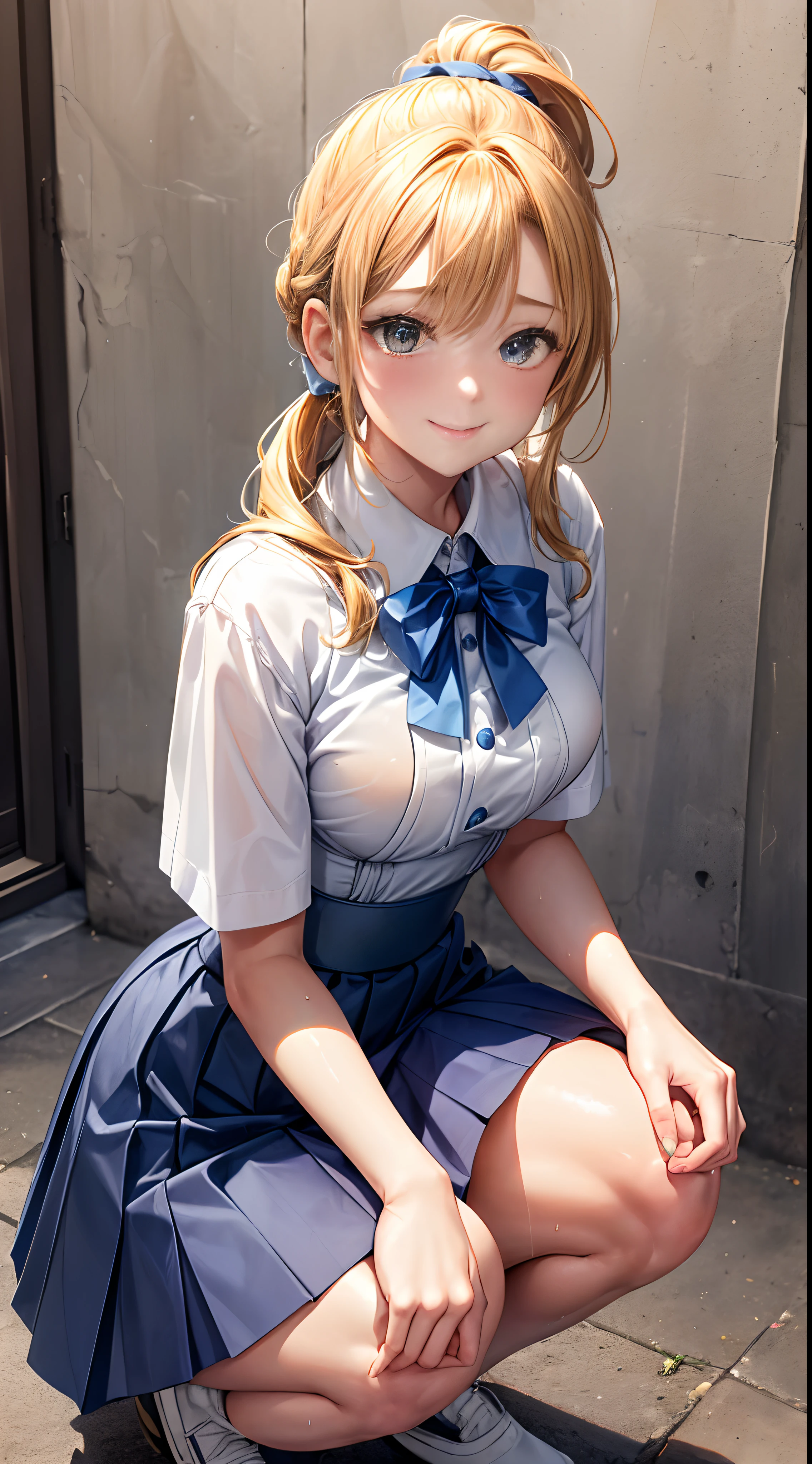 1womanl,ar old,den head hair,Beautiful ponytail hairstyle, (Blue High-Waisted Skirt:1.3),, (whiteshirt:1.3), (double-breasted,Underbust:1.2), Short sleeves, buttonGap,A smile,small tits,Sweaty shirt,Thigh sweat,half squatting,Legs wide open,My crotch is wet,