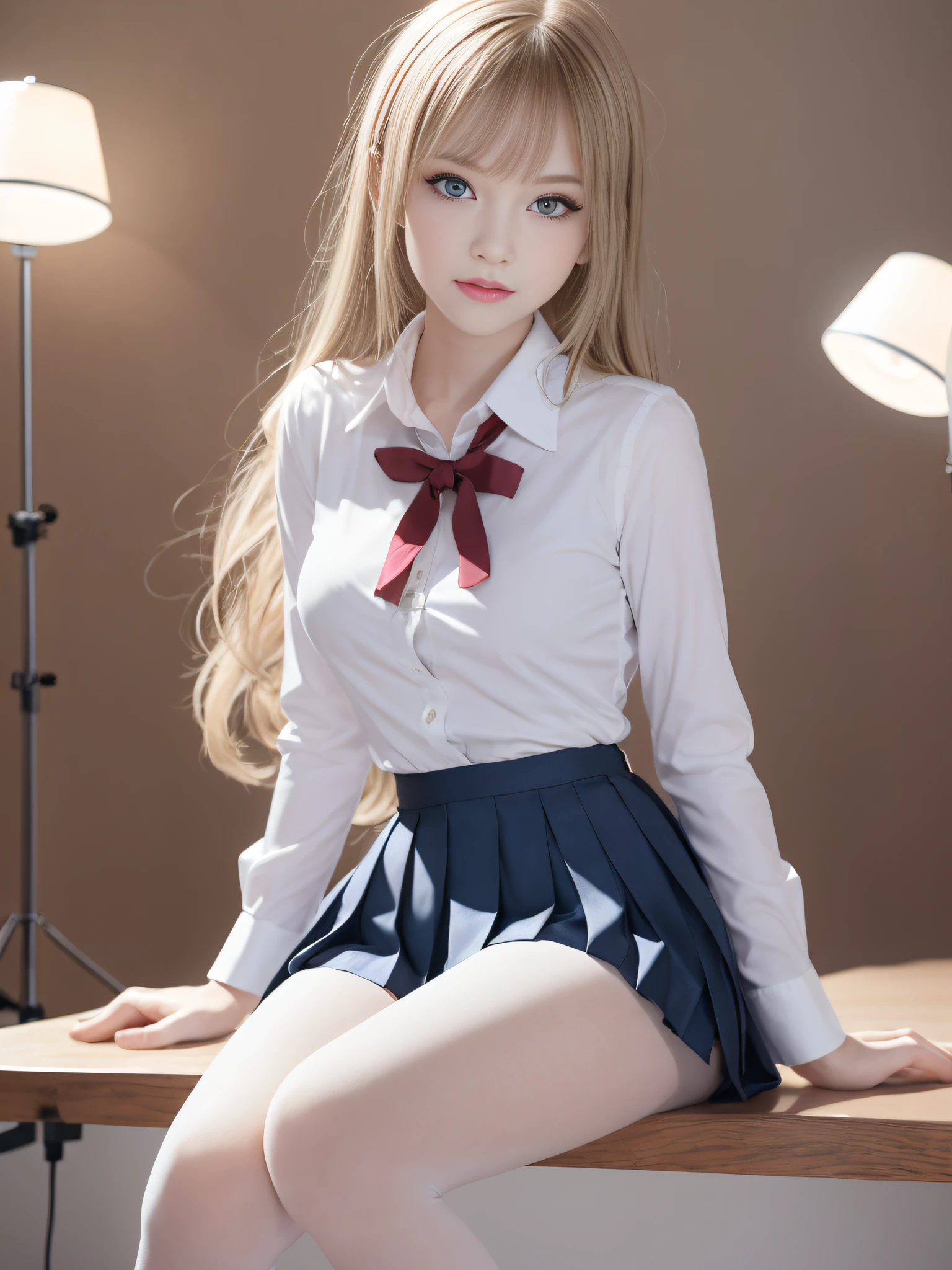 Ultra realistic 8K CG, Picture-perfect face, flawless, clean, masutepiece, Professional artwork, famousartwork, Perfect face, Beautiful face, Beautiful eyes, ((Perfect female body)), (Slender body), 16 year old girl, Solo, (Immersive atmosphere, Chiaroscuro:1.5, Bright light:1.2, Luminous lighting), (blush:0.5), fascinated expression, Extremely detailed_Eyes, Small breasts, beautifullydetailedbackground, depth of fields, Realistic:1.3, longshot, 1girl in, Shirt, Pleated skirt, Japan school uniform, Sitting, Full body, (ambient lights:1.3), (Cinematic composition:1.3), (Neon light:0.1), (nffsw:0.1), Accent Lighting, White pantyhose,Neat and clean lady，