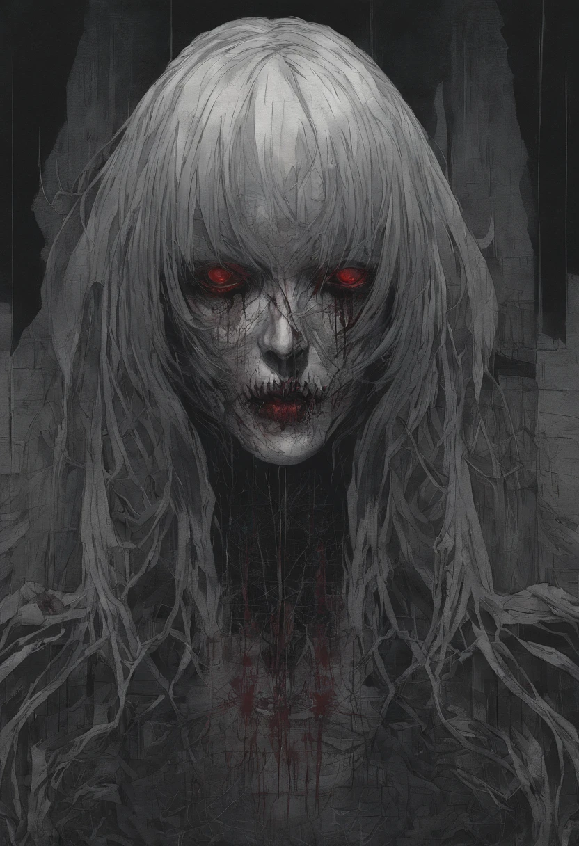 1 fille, Anime, cheveux longs, Une peau saine, sang, sang sur le visage, yeux rouges, seins moyens, femme, debout, Haut du corps, Rougi.