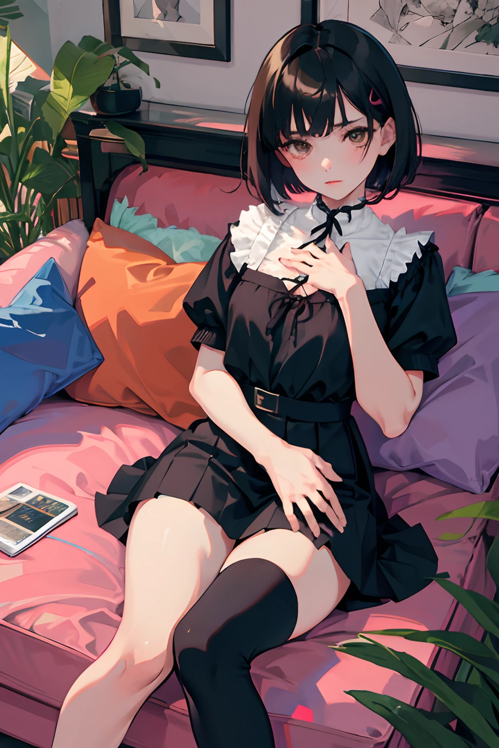 child,((hands on own chest)),(masterpiece,Highest Quality),zettai ryouiki thighhighs,pleatedskirt,Short sleeve blouse,pupils,A dark-haired,Medium bob,Black socks,Thin leg,sofas