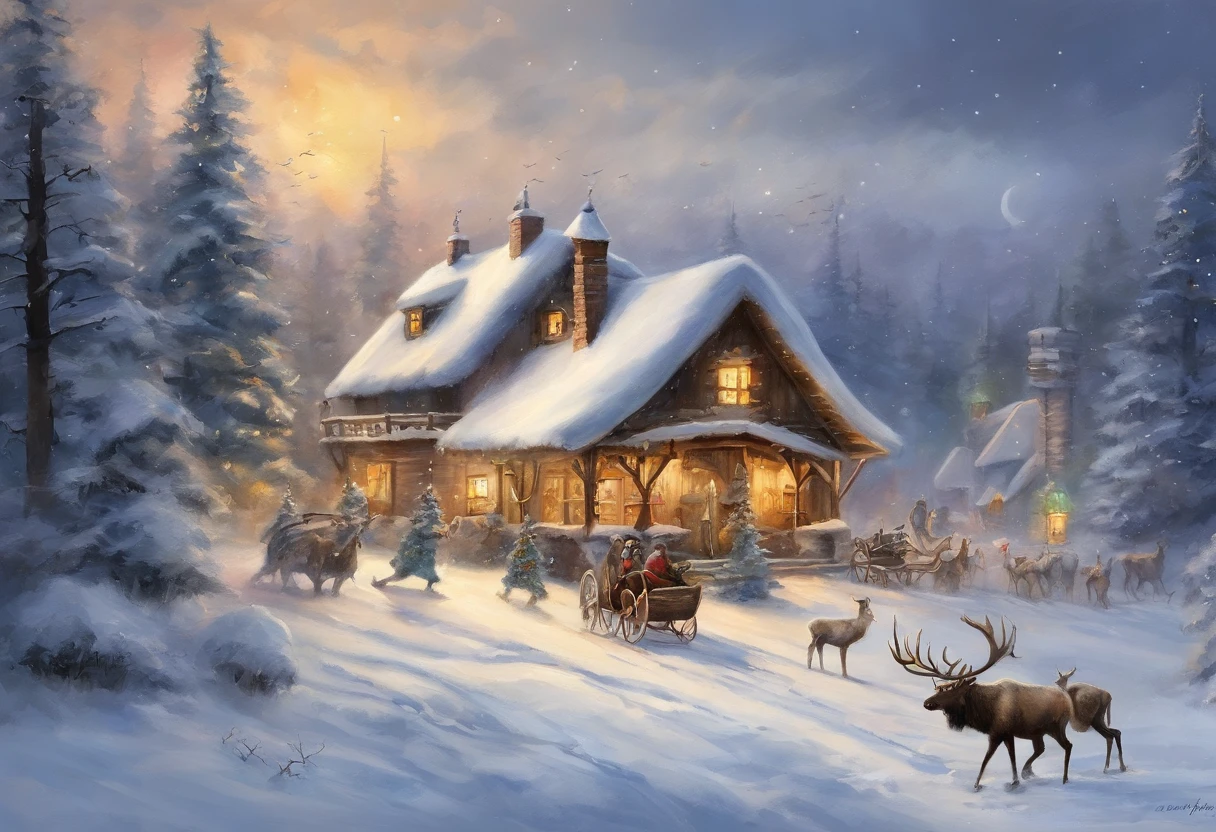 snow landscape,snow covered,Santa Claus sits on a sleigh pulled by an elk,Fly through the sky,yukito,Snow-covered house, It was snowing heavily in the sky,, hyper realisitc, snowy winter christmas night, santa, fantasia de cena de inverno,hyper realisitc,very high resolution,Exquisite、best qualtiy、超詳細、Fine、Positioning details、Colorful colorful