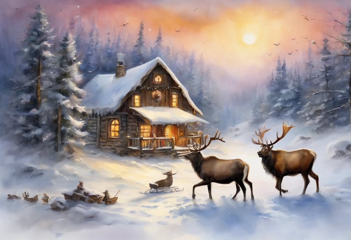 snow landscape,snow covered,Santa Claus sits on a sleigh pulled by an elk,Fly through the sky,yukito,Snow-covered house, It was snowing heavily in the sky,, hyper realisitc, snowy winter christmas night, santa, fantasia de cena de inverno,hyper realisitc,very high resolution,Exquisite、best qualtiy、超詳細、Fine、Positioning details、Colorful colorful