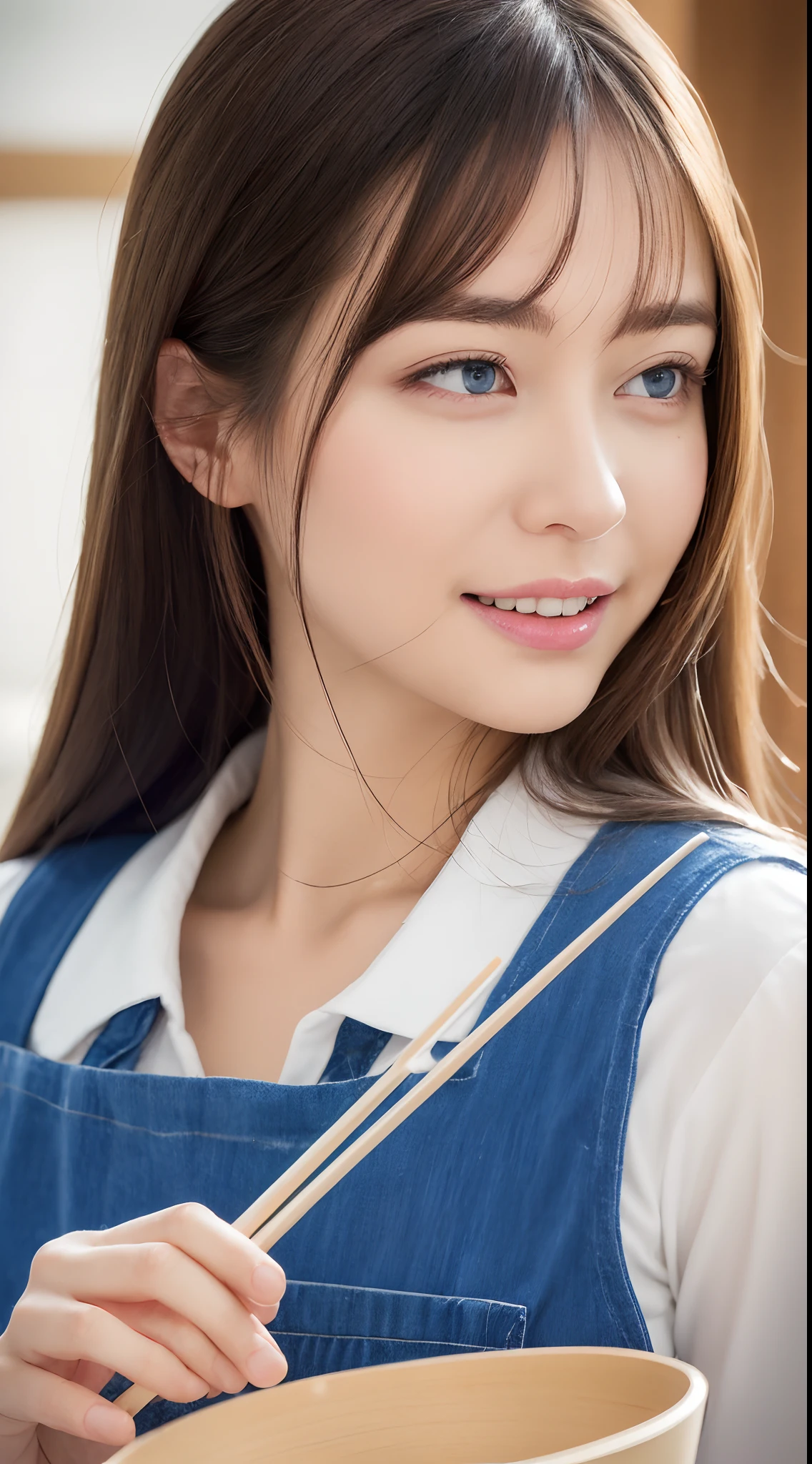 (Best quality, Ultra-detailed, photo-realistic:1.37), sliver long hair, Fantastic blue eyes, Happy woman beating eggs with chopsticks, Soft lighting, pink apron, illustration, bangs, Flowing hair, Gentle breeze, Shiny hair, Thick egg whites