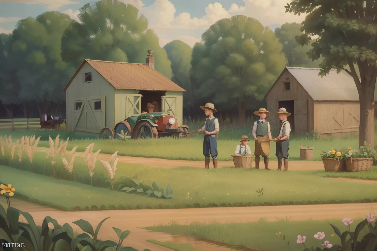 Year: 1932. Location: Lincoln, Minnesota. pre-raphaelite scene with two 16-year-old teenagers and one 12-year-old tween boy working hard in a garden, farming, hayfield, ((((1930s farmer clothes)))) ((1930s hairstyle)) ((in the style of "OMITB")) ((cinematic style))