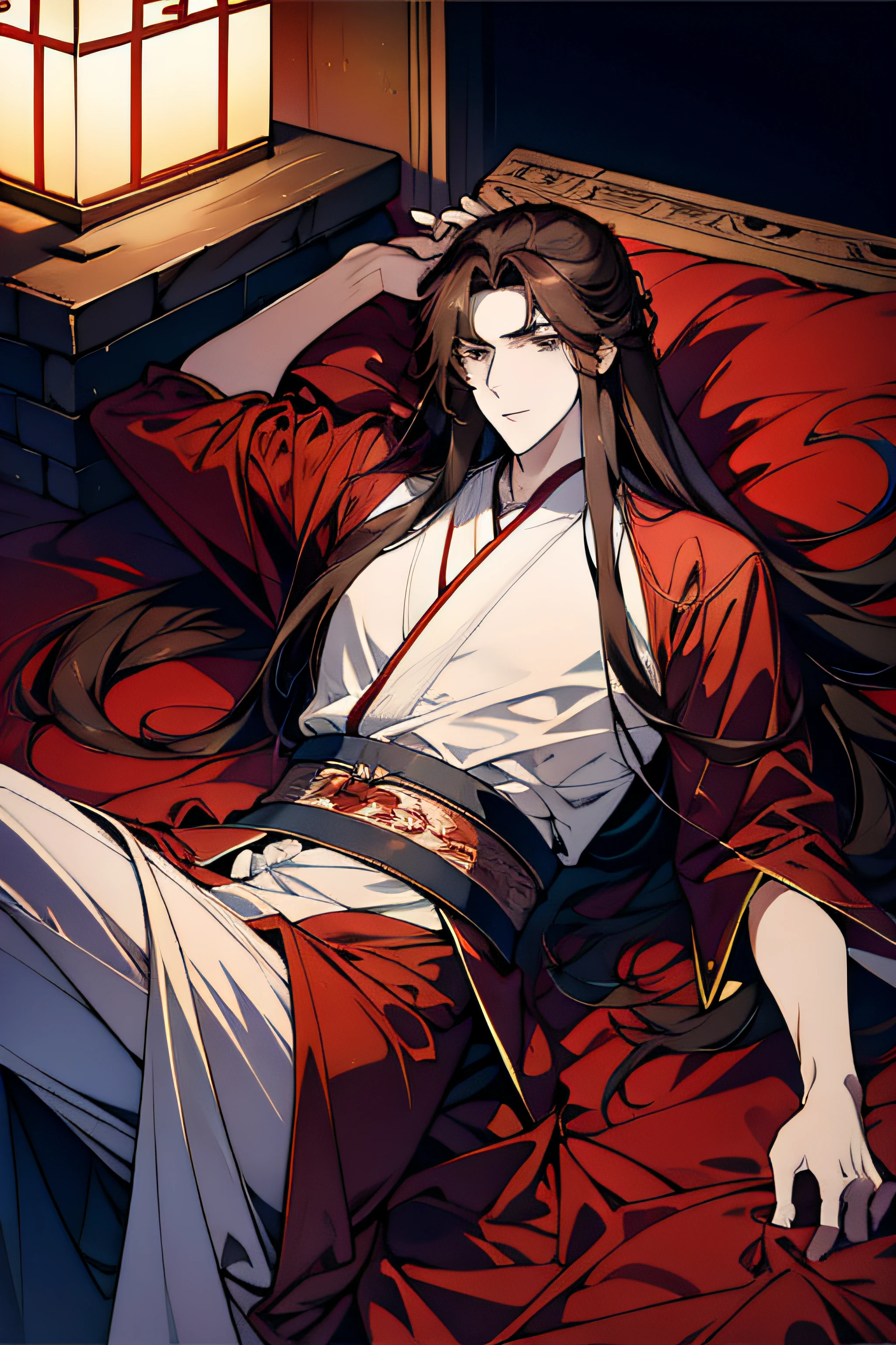 Brown-haired handsome，Long flowing hair，Ancient handsome guy，Gray eye，Chinese ancient style，Red and white robes，Lie down in bed