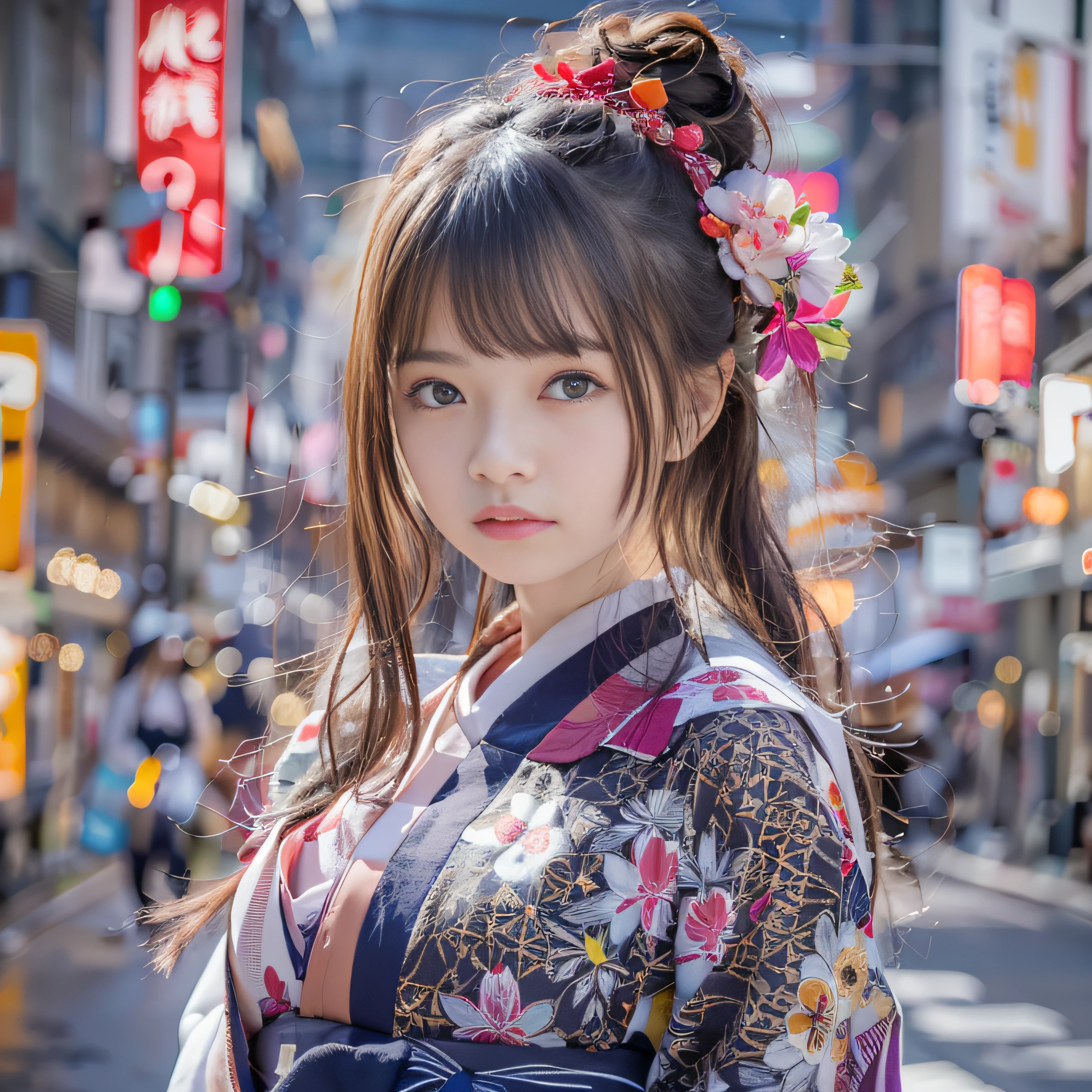 1人、on tokyo street、A city scape、The upper part of the body、wearing Japanese kimono、Piercing with a kanzashi with hair up、a closeup、A smile、、(8K、Raw photography、top-quality、​masterpiece:1.2)、(realisitic、photoRealstic:1.37)、Highly detailed eyelash drawing、(((Top image quality))),Colossal tits、Fine skin, (Beautiful hair), (Perfect Anatomy), (Realistic), (Dynamic Angle), Pose Seductive,Perfect,Sensual look、top-quality、hight resolution、